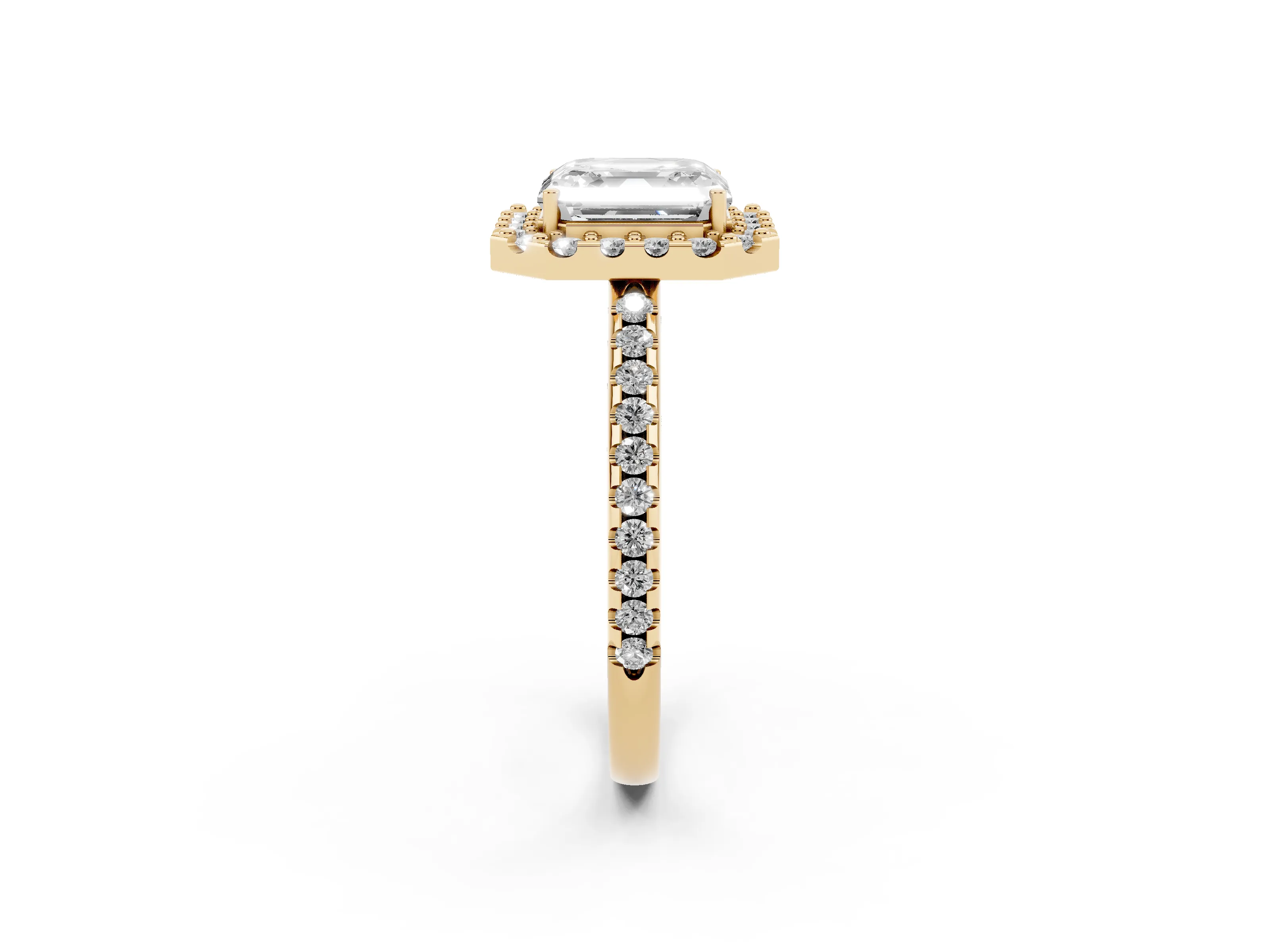 Asscher Cut Diamond Pavé Halo Ring Set in Yellow gold with Prong Setting