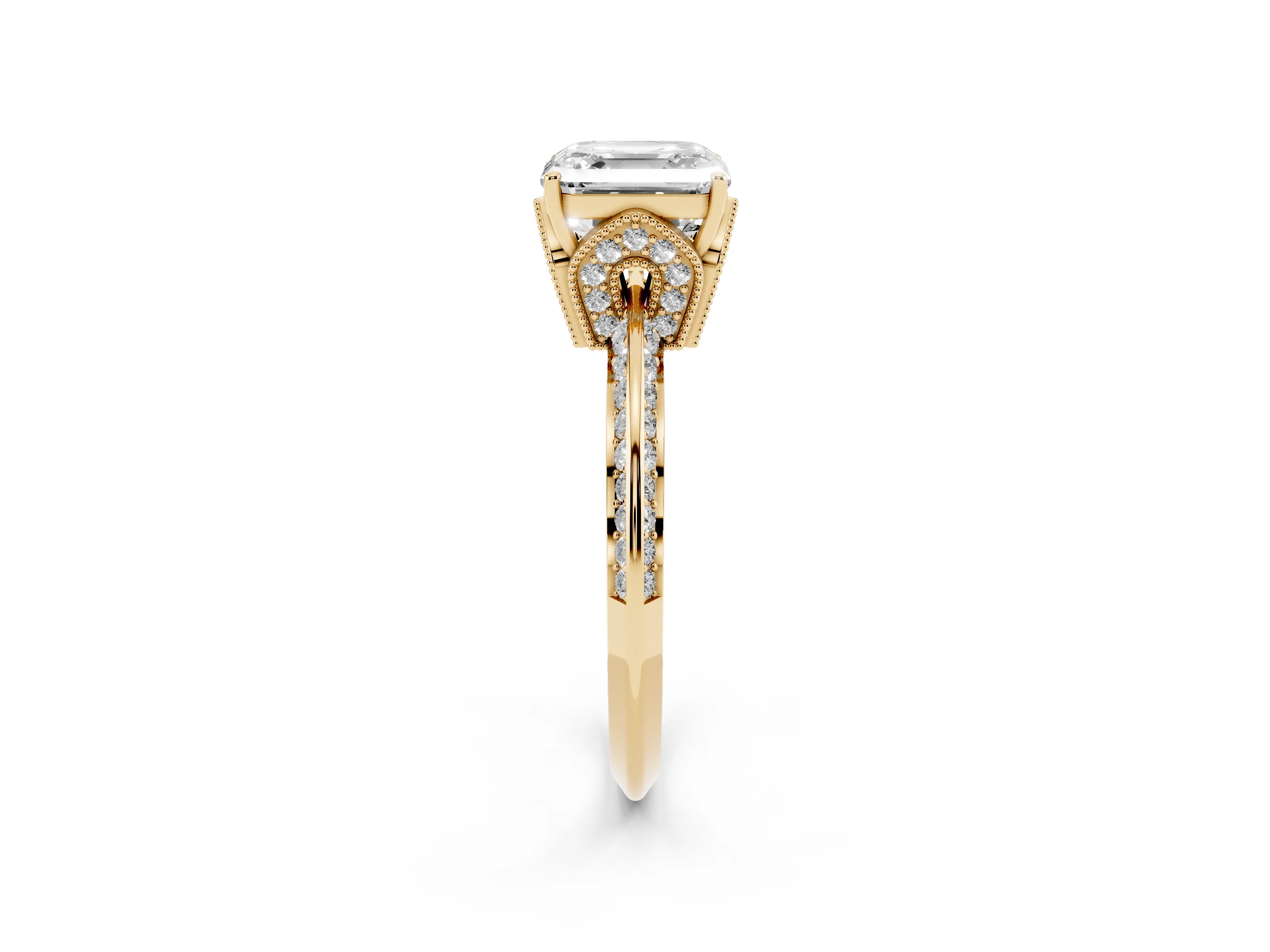 Asscher Cut Diamond Solitaire Engagement Ring Set in Yellow gold with Pavé Split Shank and Prong Setting