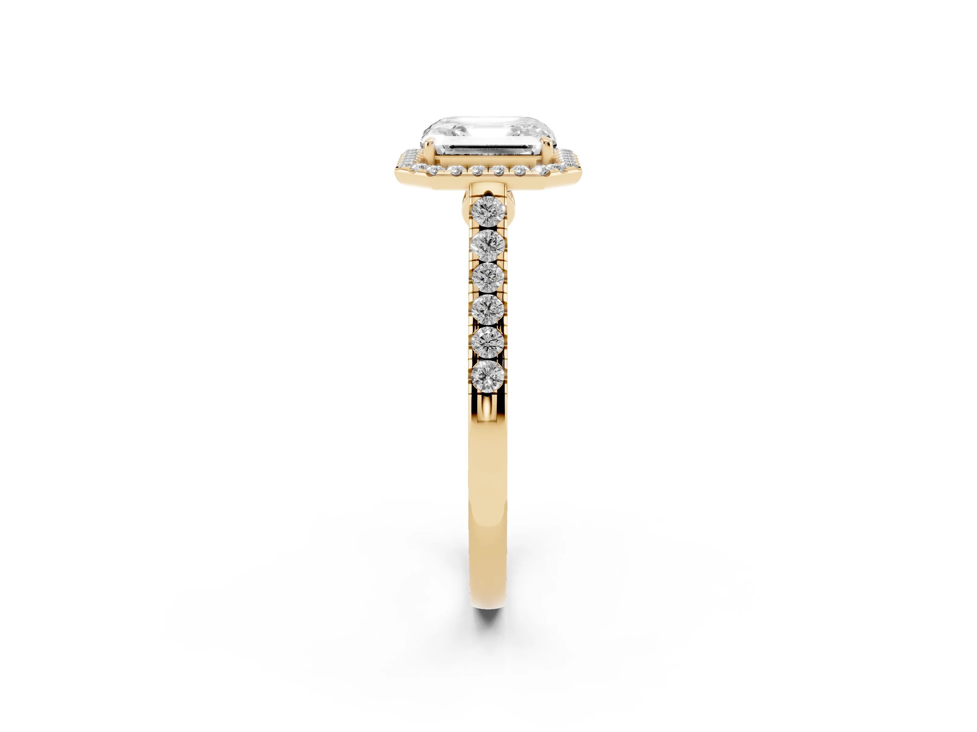 Asscher Cut Diamond Halo Pavé Engagement Ring Set in Yellow gold with Prong Setting