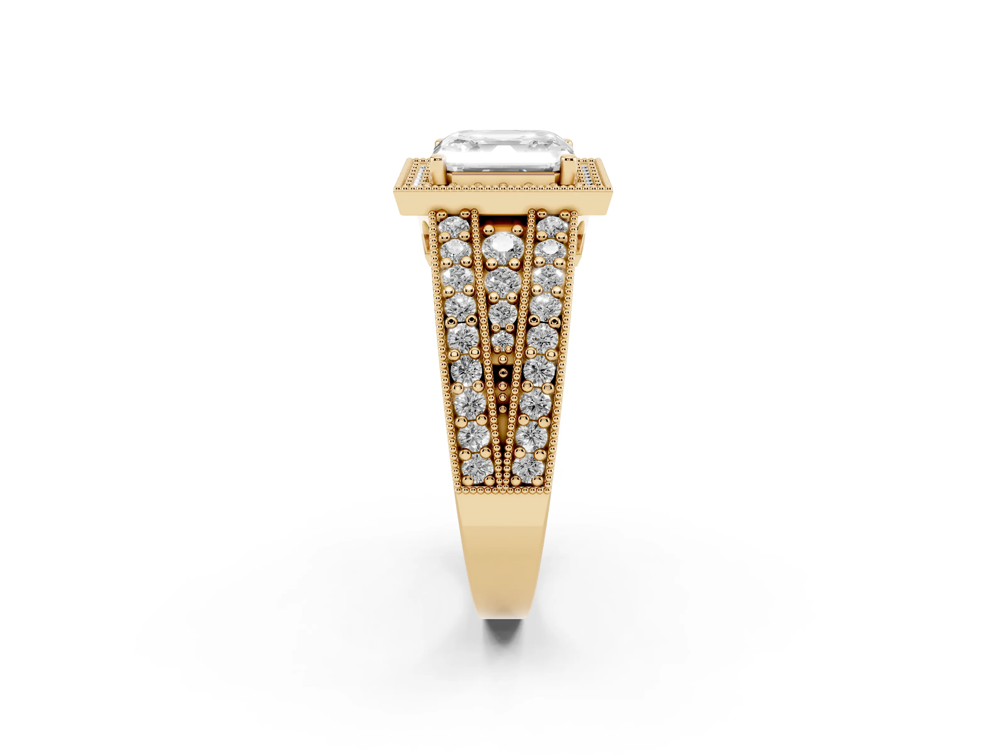 Asscher Cut Diamond Halo Ring Set in Yellow gold with Accent Split Shank and Prong Setting