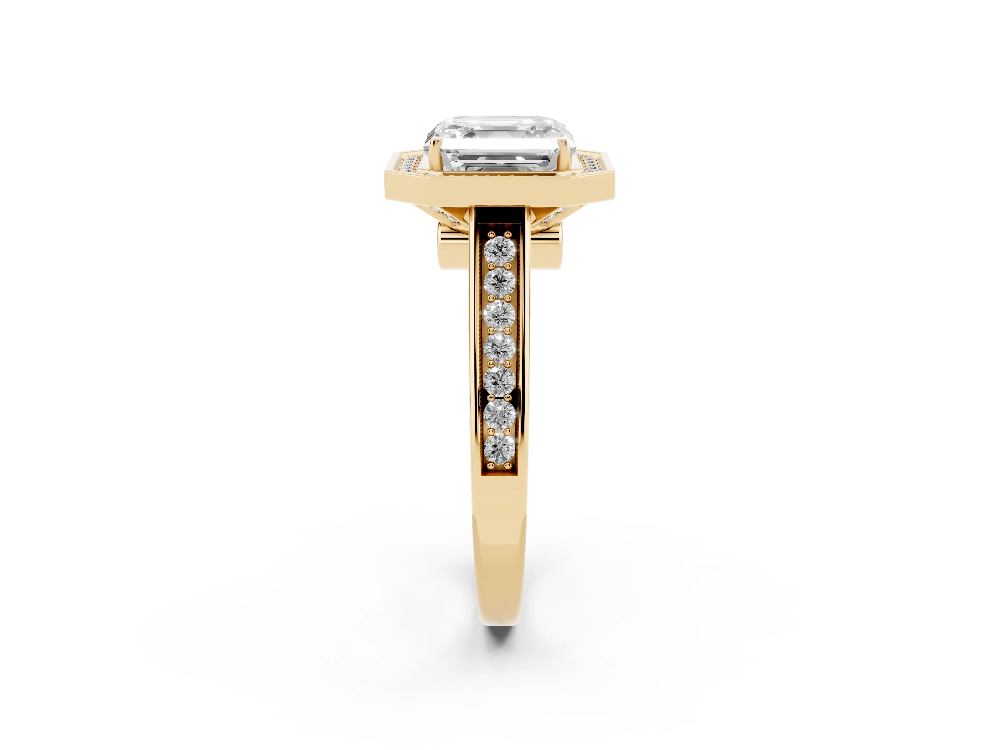 Asscher Cut Diamond Halo Solitaire Ring Set in Yellow gold with Pavé Band and Bezel Setting