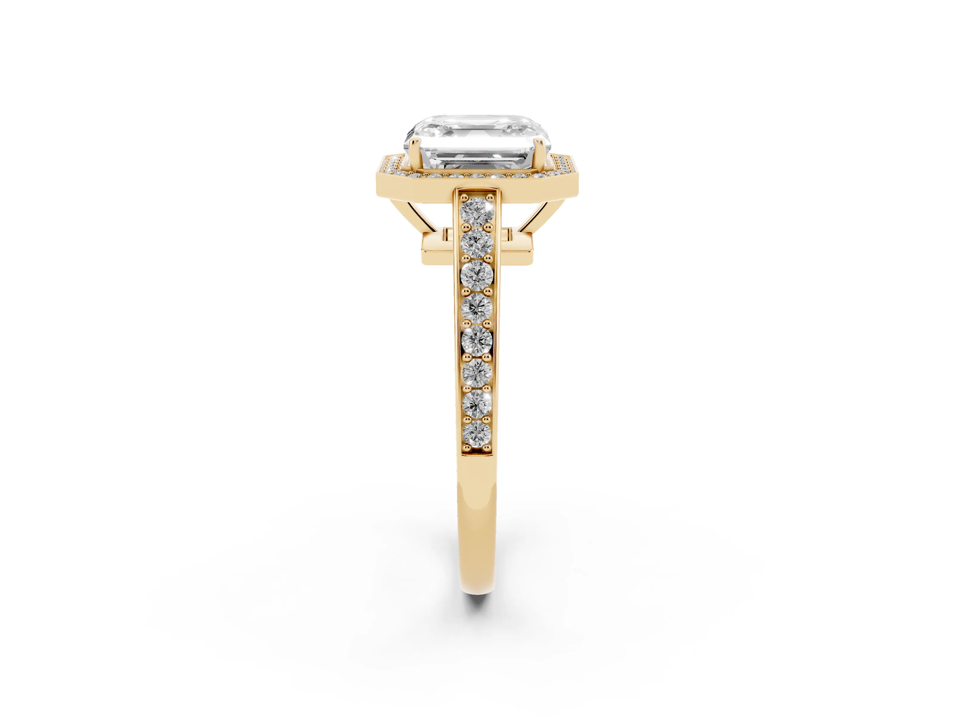 Asscher Cut Diamond Halo Pavé Engagement Ring Set in Yellow gold with Bezel Setting