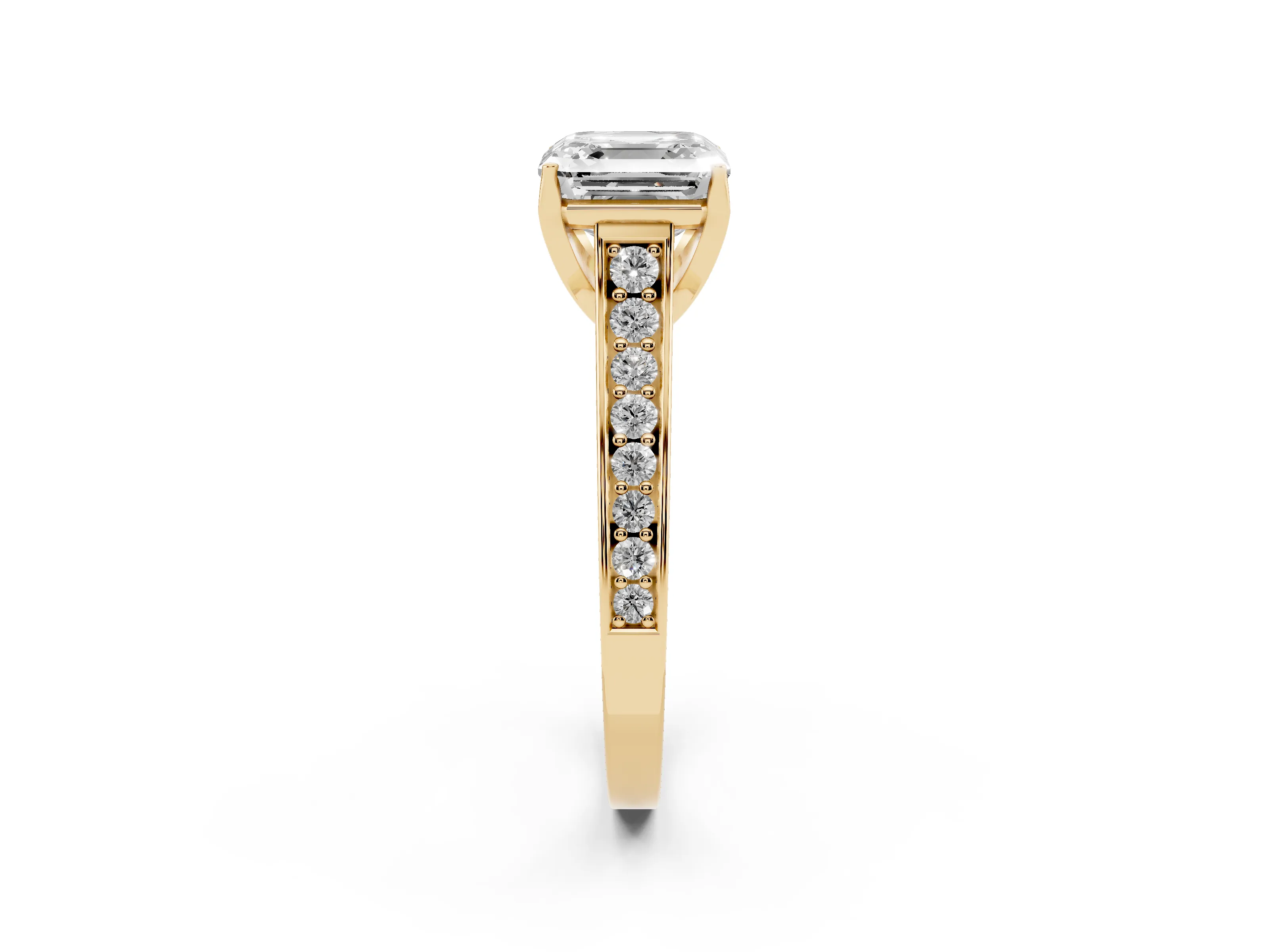 Asscher Cut Diamond Solitaire Pavé Engagement Ring Set in Yellow gold with Prong Setting
