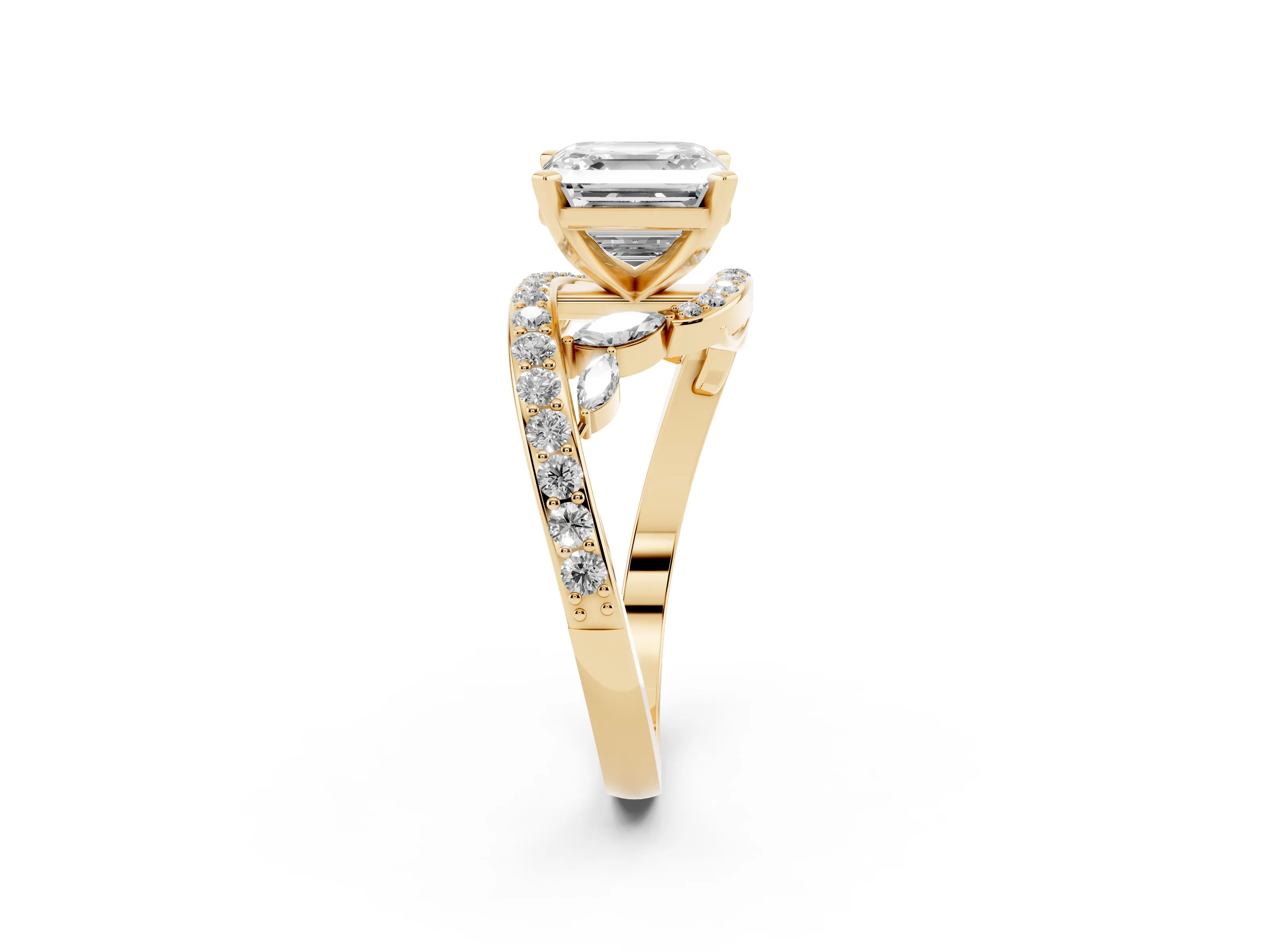 Asscher Cut Bypass Pavé Engagement Ring Setting | Marquise Accents | Yellow Gold