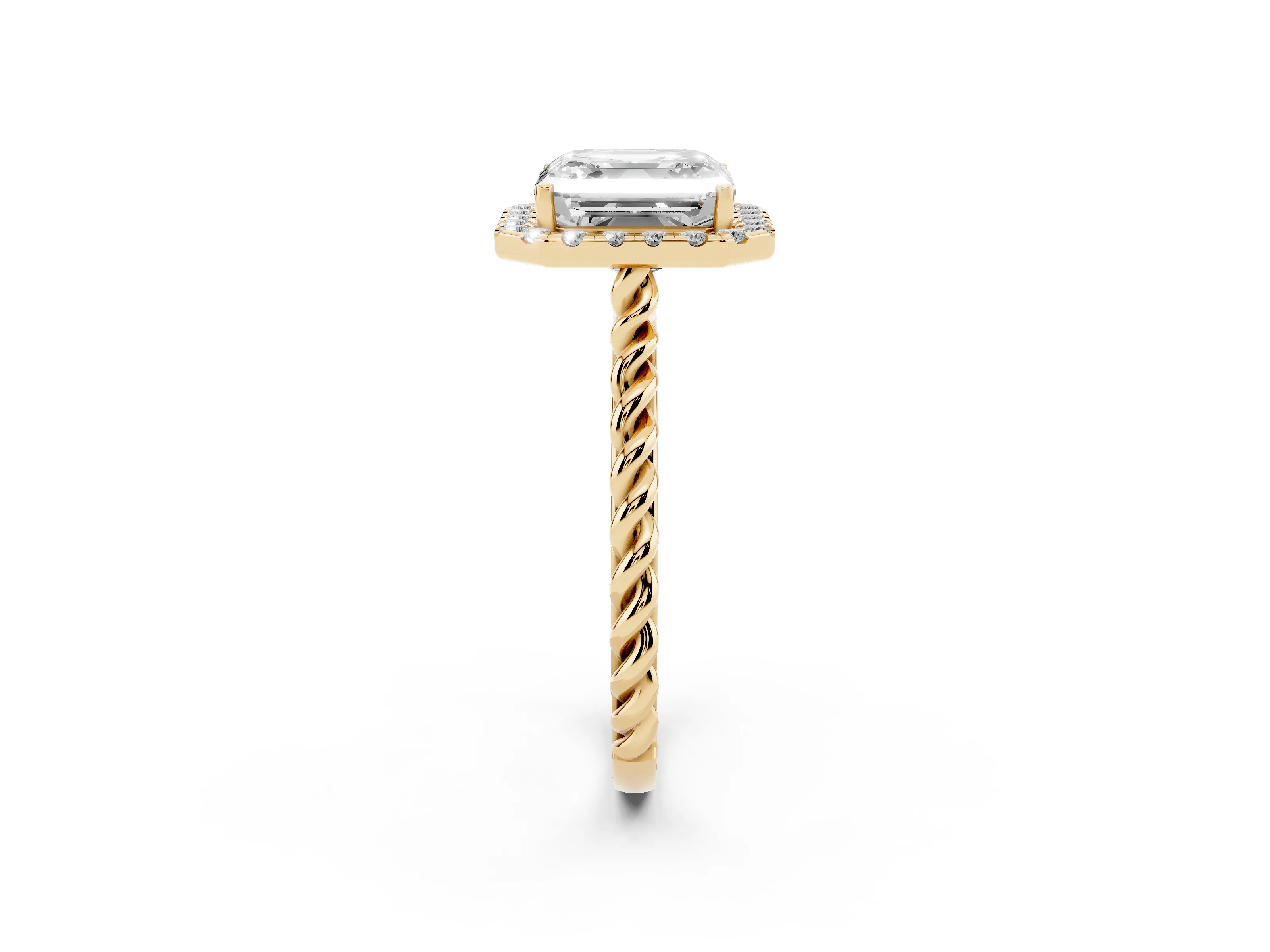 Asscher Cut Diamond Halo Ring Set in Yellow gold with Plain Twisted Band