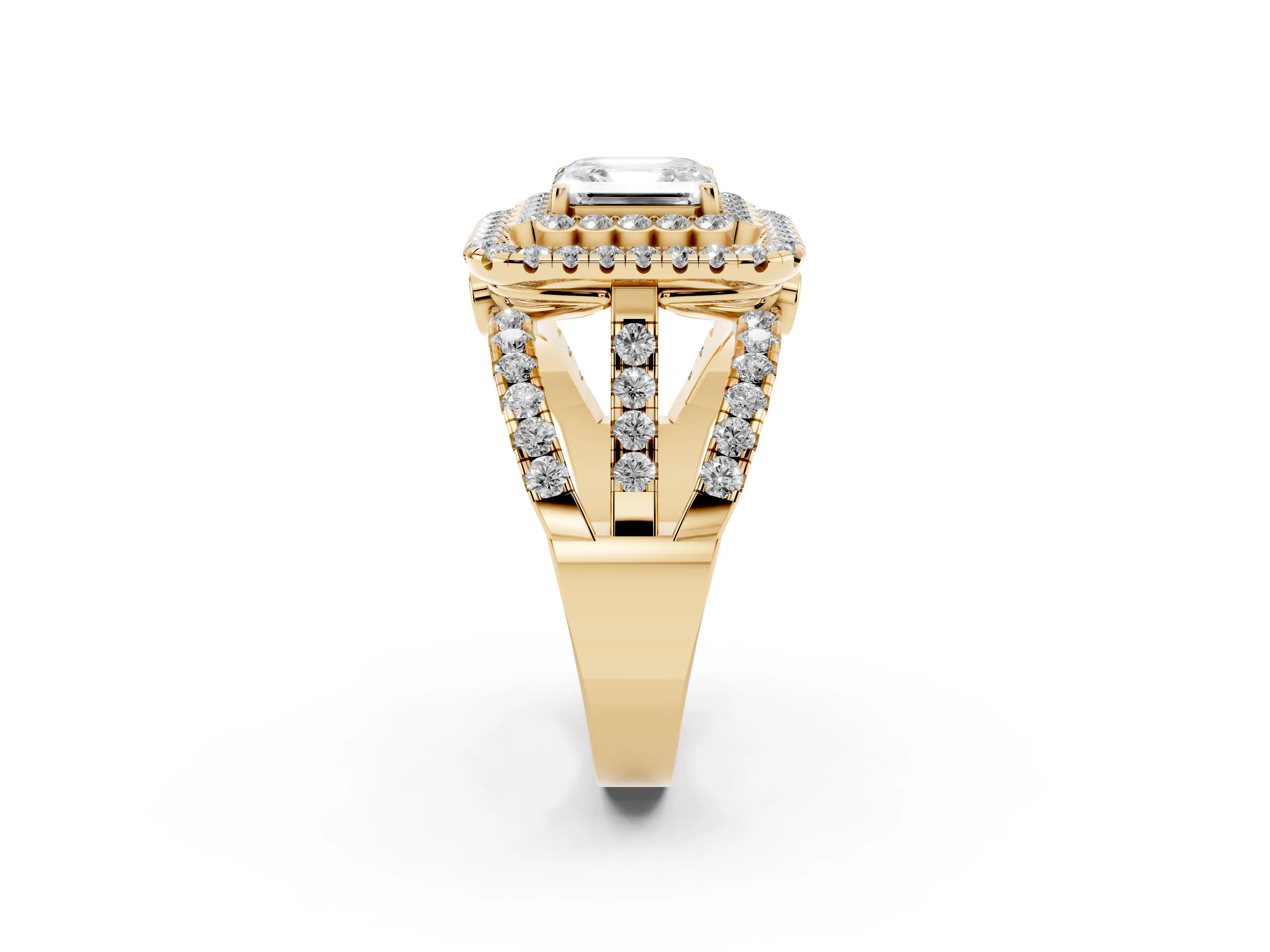 Asscher Cut Diamond Double Halo Ring Set in Yellow gold with Round Pavé Split Shank