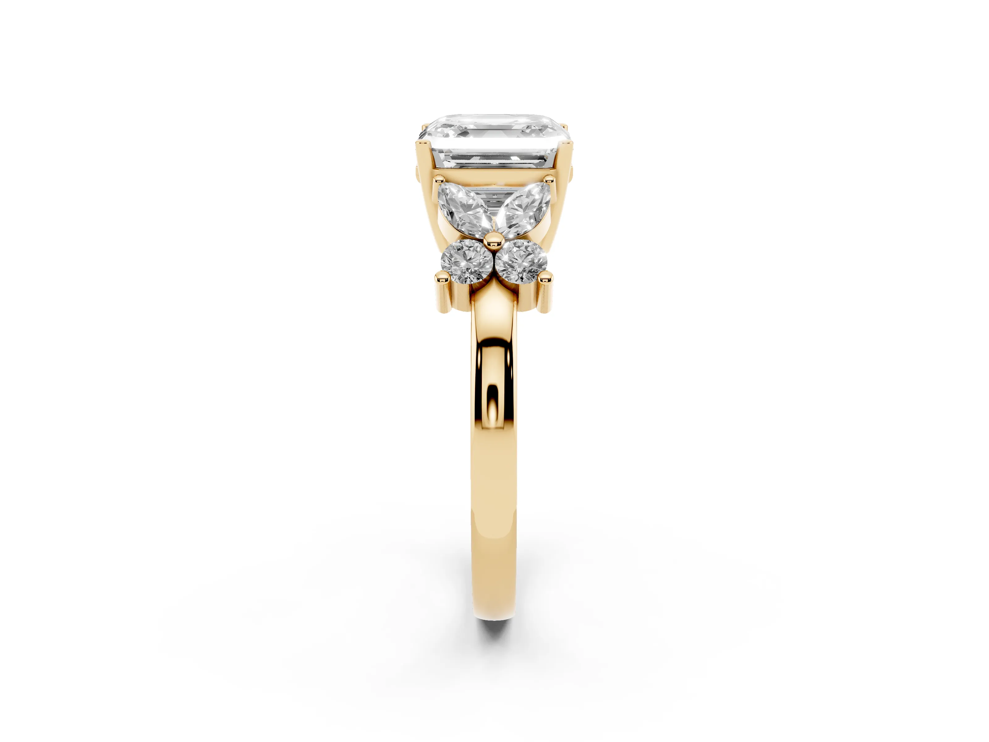 Asscher Cut Diamond Floral Cluster Ring Set in Yellow gold with Marquise Petals and Prong Setting