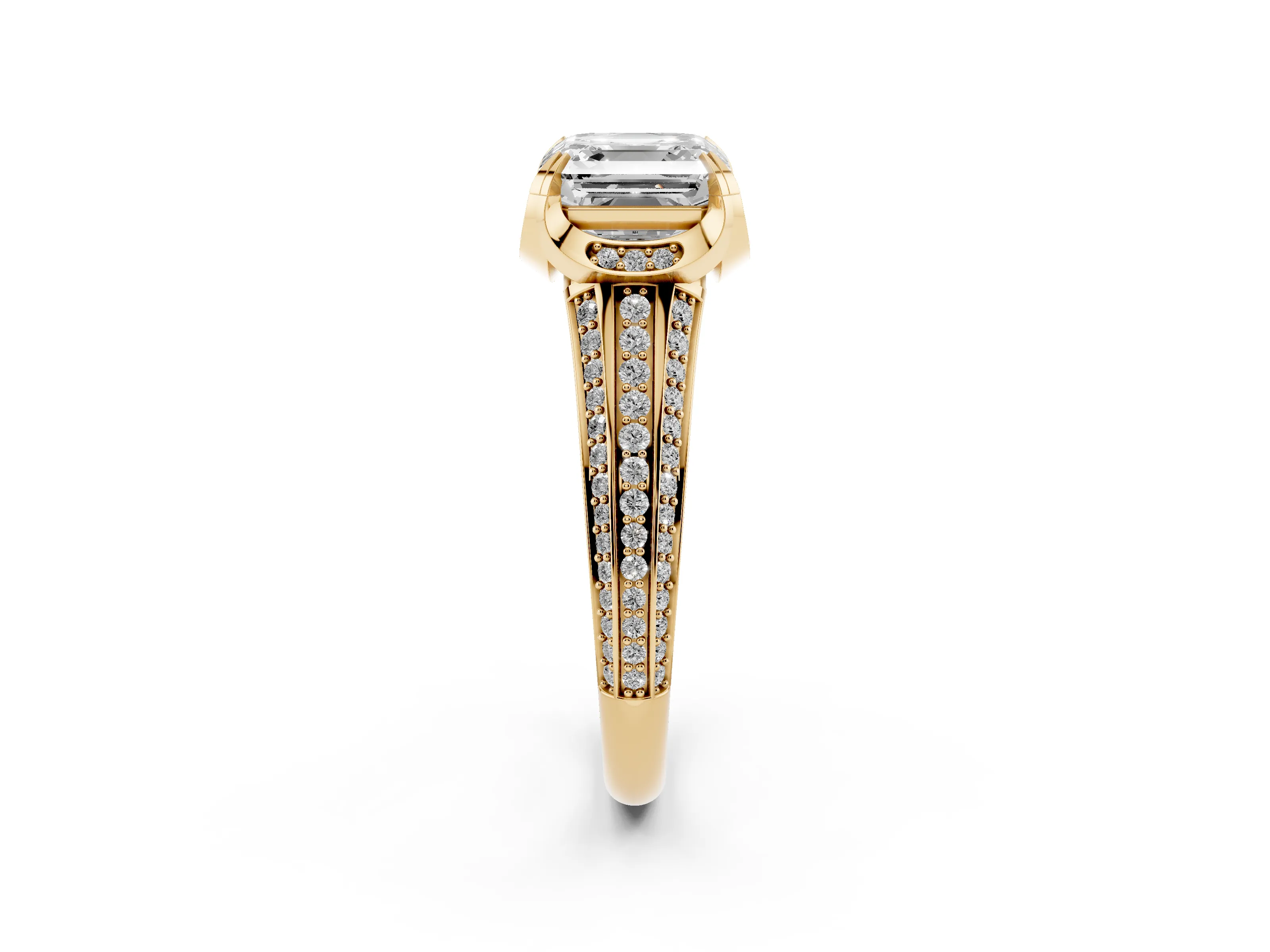 Asscher Cut Diamond Pavé Split Shank Solitaire Ring Set in Yellow gold with Prong Setting