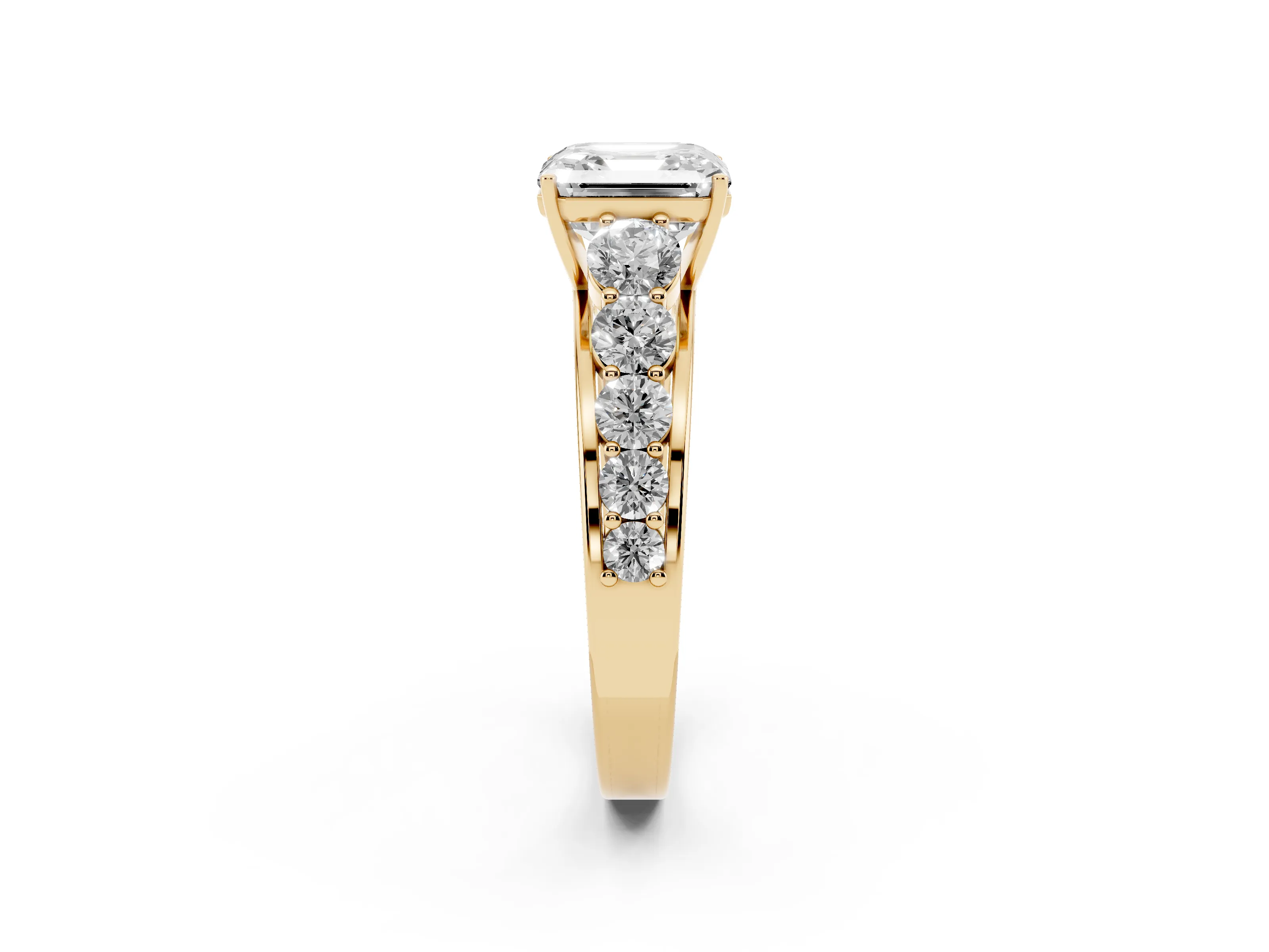 Asscher Cut Diamond Solitaire Ring Set in Yellow gold with Pavé-Set Band and Prong Setting