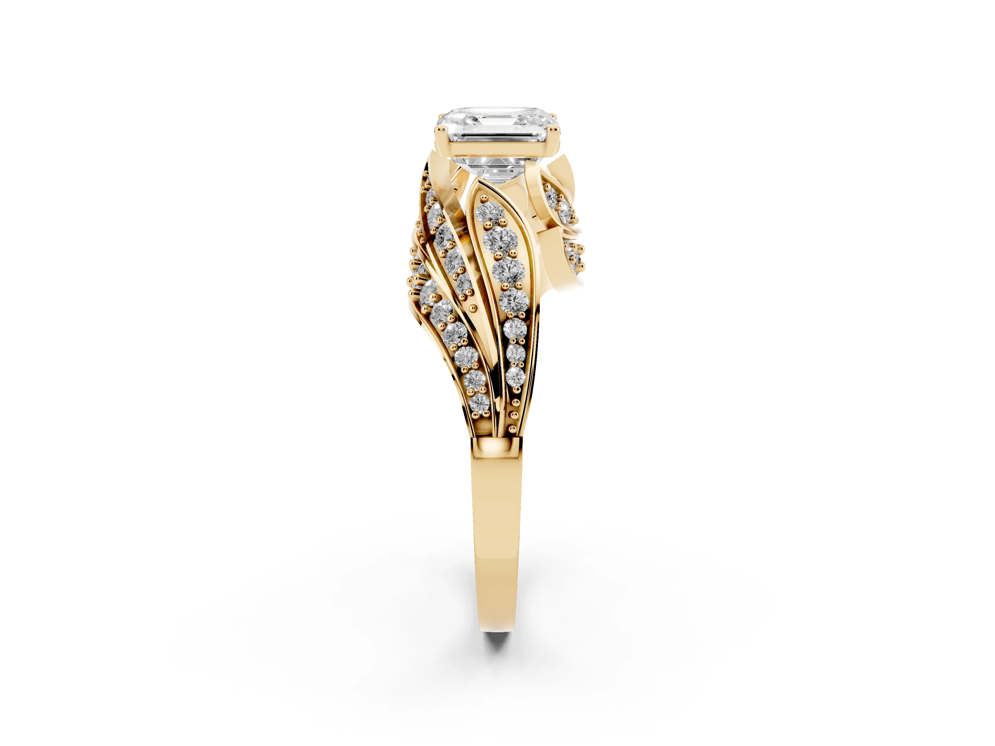 Asscher Cut Diamond Solitaire Ring Set in Yellow gold with Layered Twist Pavé Band