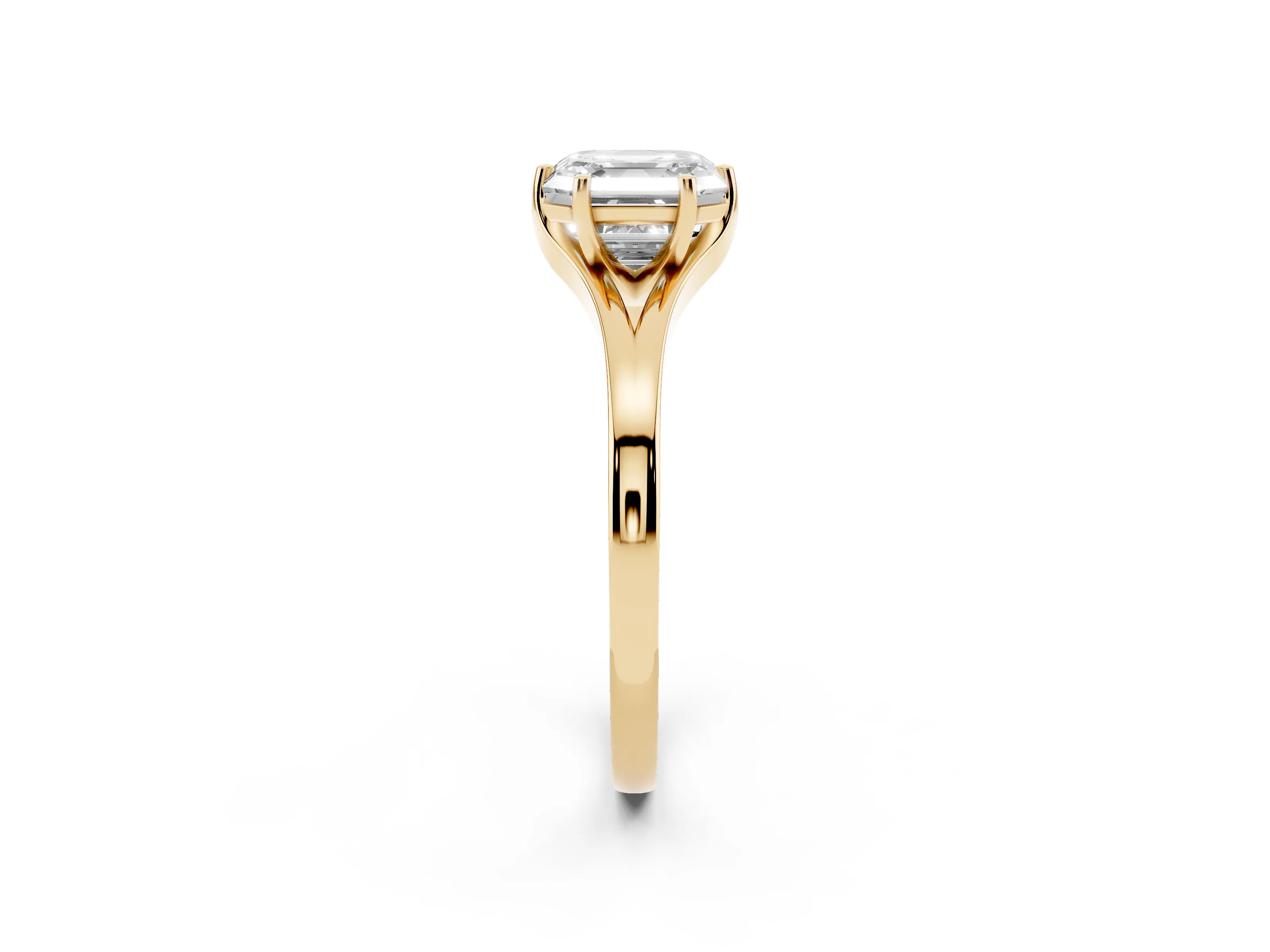 Asscher Cut Diamond Solitaire Ring Set in Yellow gold with Polished Tapered Band and Prong Setting