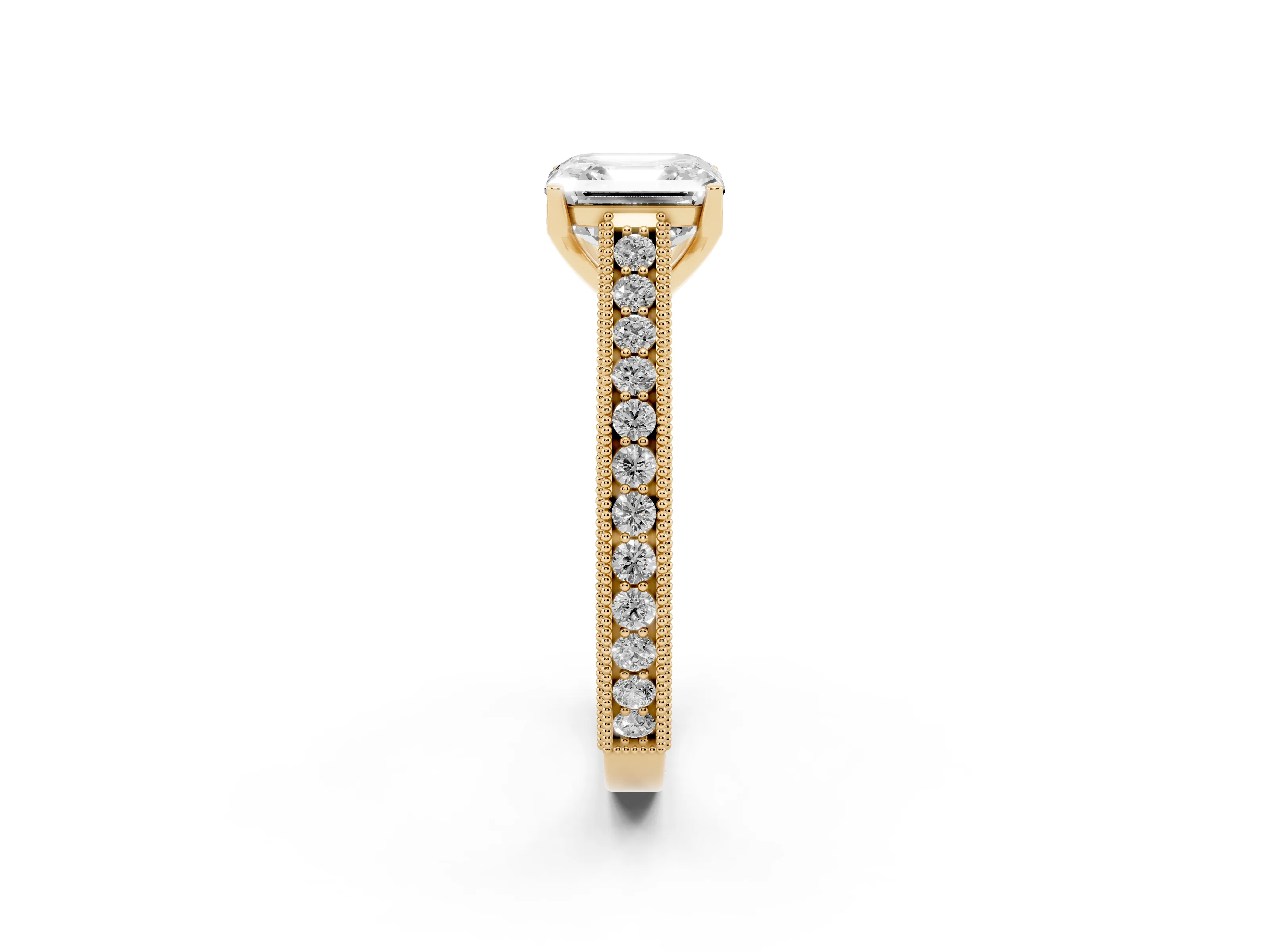 Asscher Cut Diamond Milgrain Pavé Band Solitaire Ring Set in Yellow gold with Prong Setting
