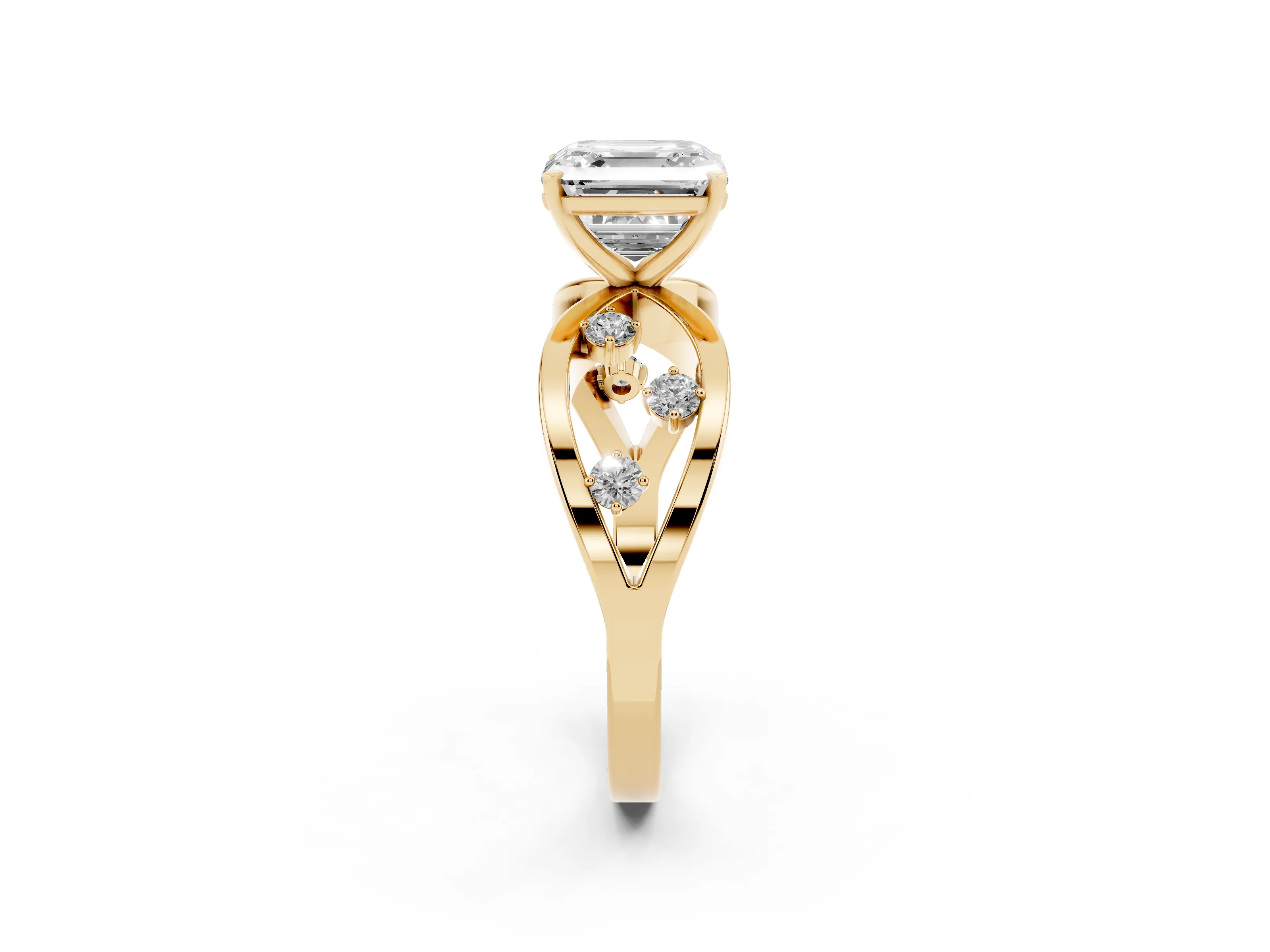 Asscher Cut Diamond Solitaire Ring Set in Yellow gold with Side Stones on Criss-Cross Band and Prong Setting