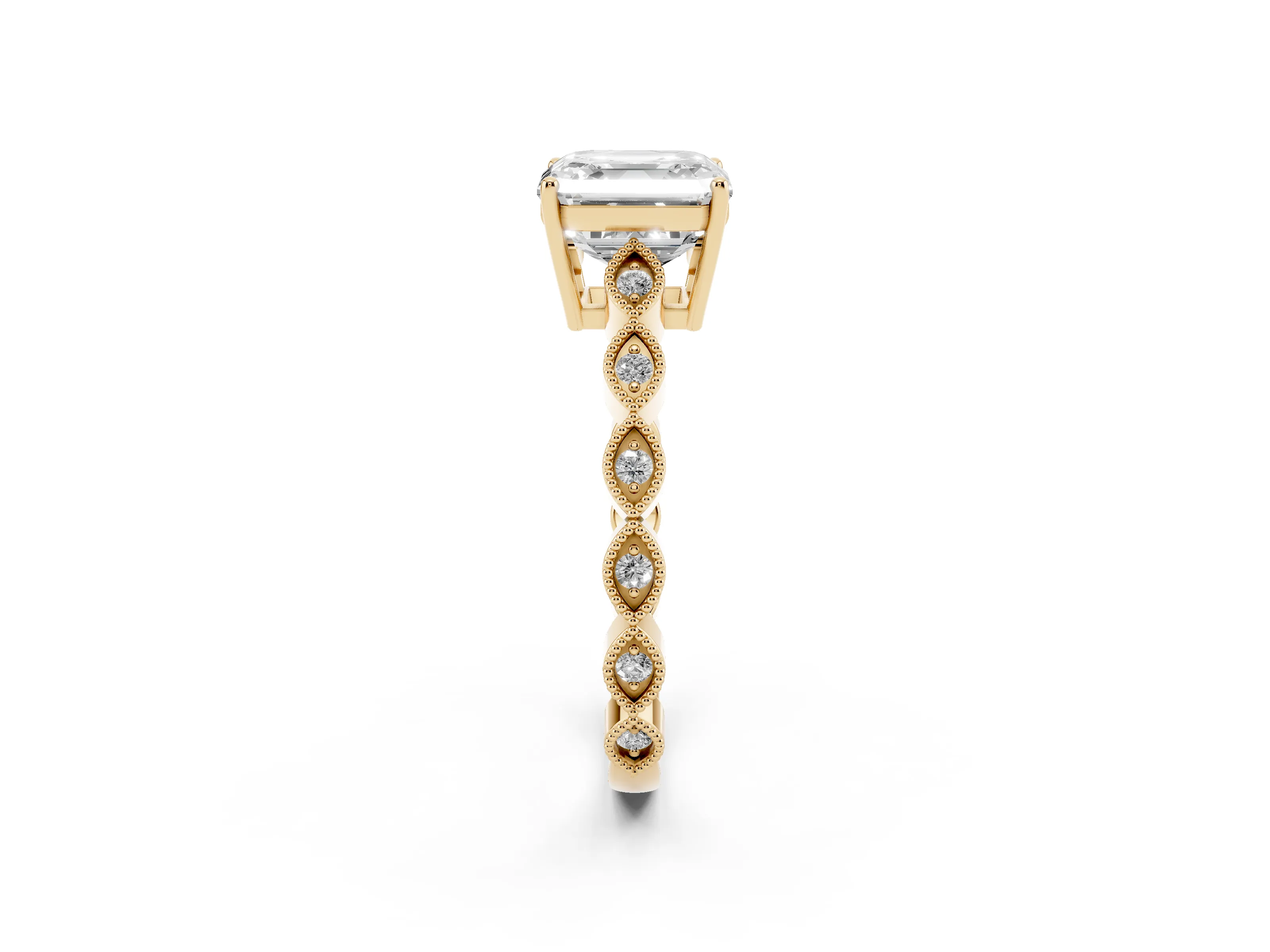 Asscher Cut Diamond Solitaire Ring Set in Yellow gold with Infinity Twist Pavé Band