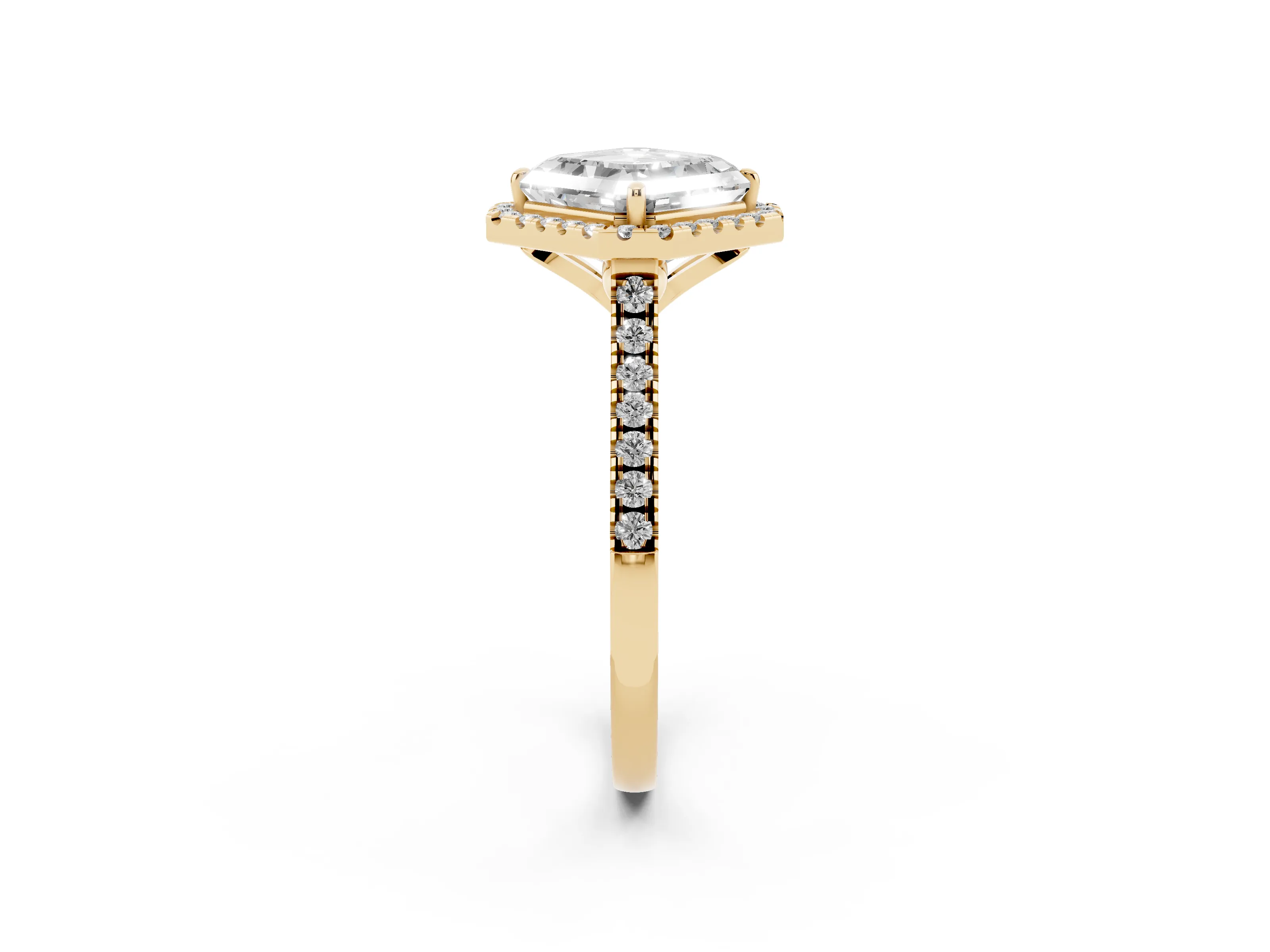 Asscher Cut Diamond Cushion Halo Ring Set in Yellow gold with Pavé Band