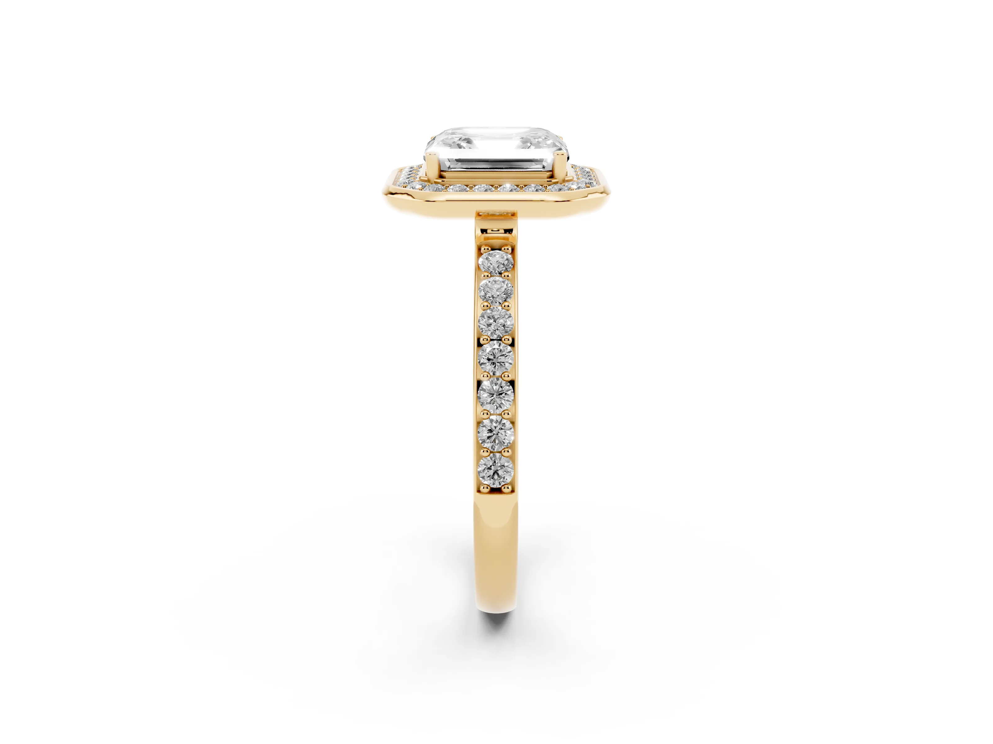 Asscher Cut Diamond Halo Ring Set in Yellow gold with Bezel Frame and Pavé Band