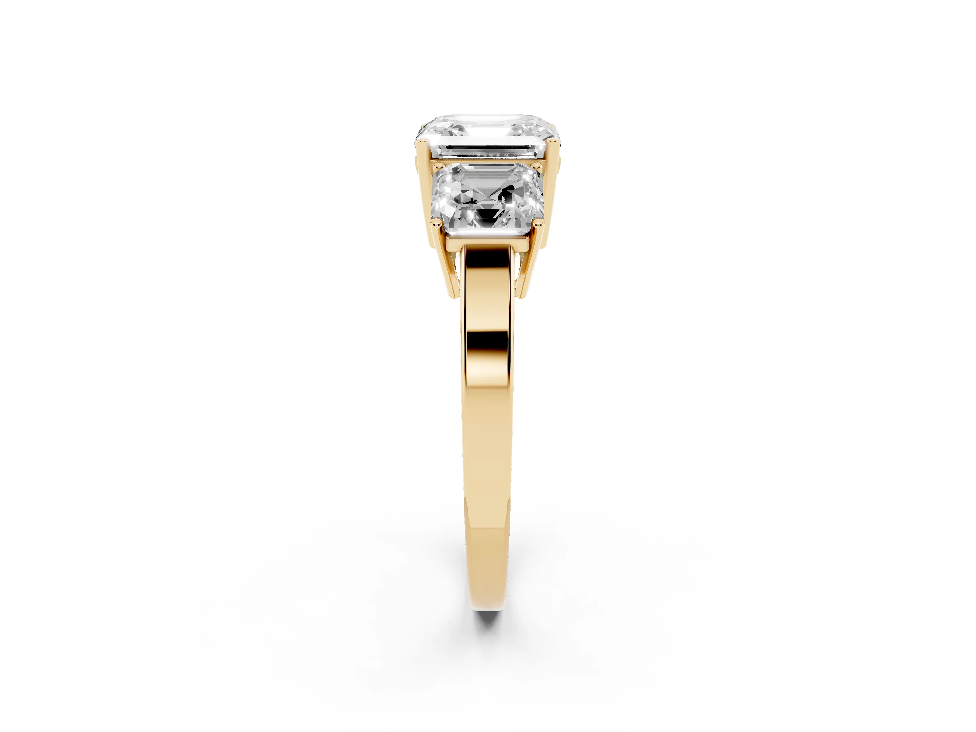 Asscher Cut Diamond Three-Stone Engagement Ring Set in Yellow gold with Flat Band