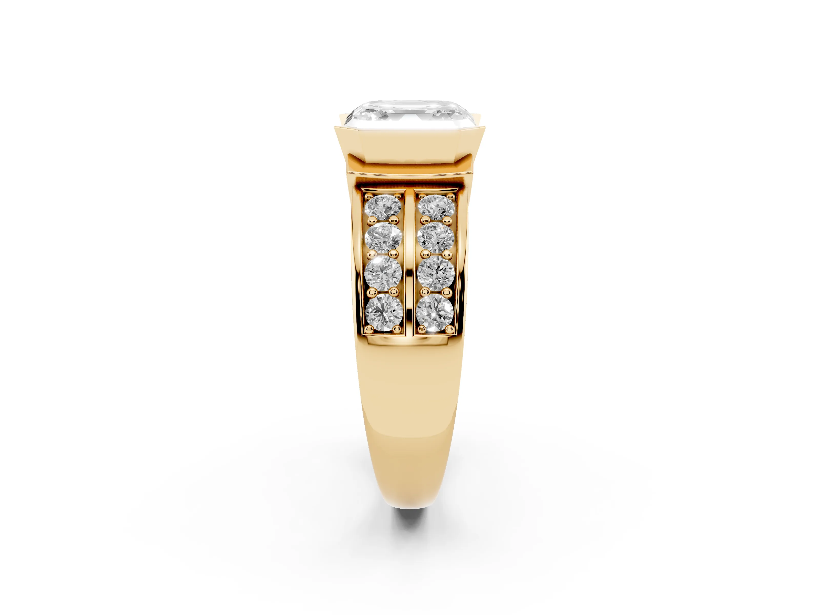Asscher Cut Diamond Wide Channel Set Band Ring Set in Yellow gold with Bezel Setting