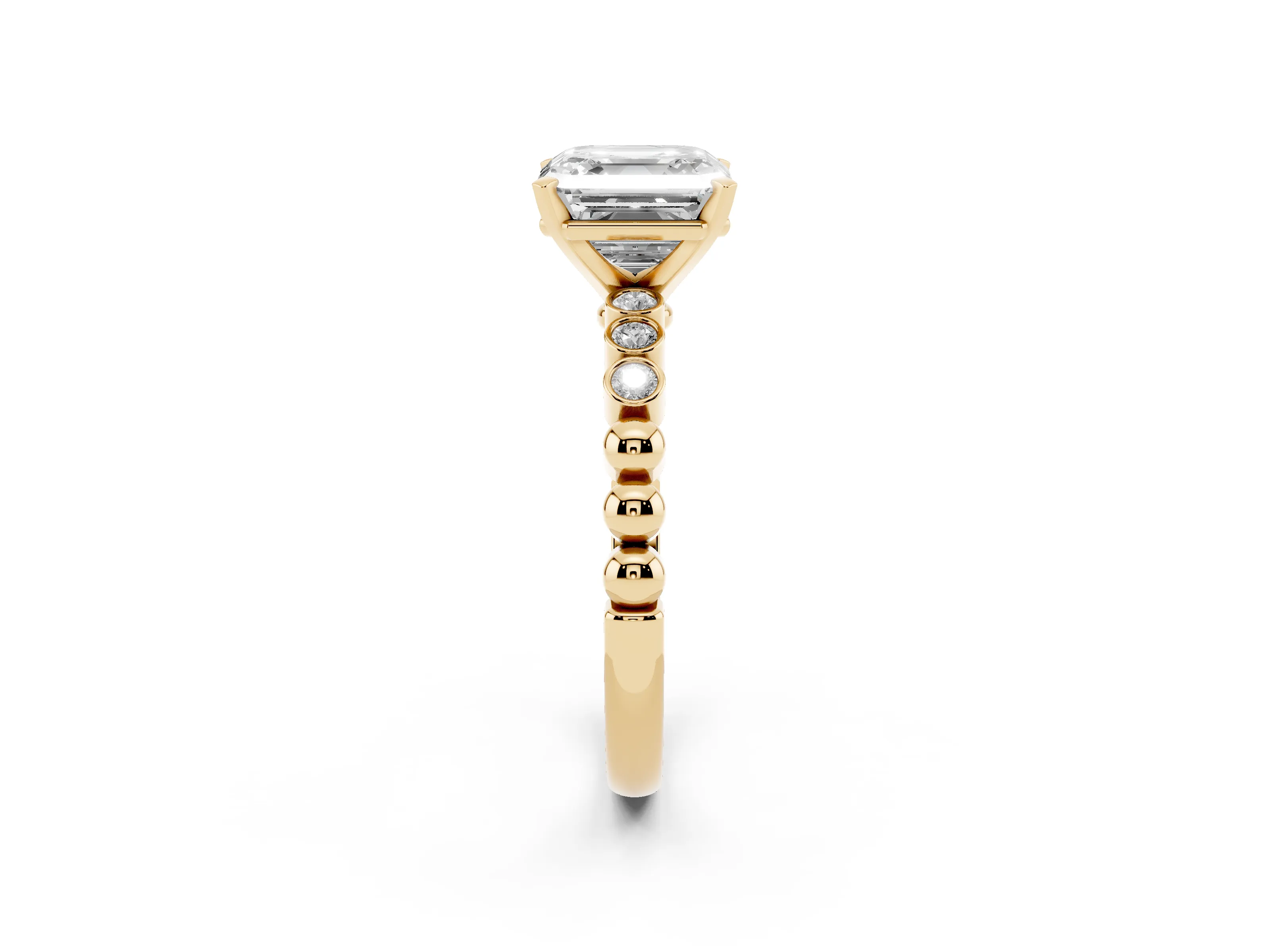 Asscher Cut Diamond Solitaire Engagement Ring Set in Yellow gold with Bezel Accents on Beaded Band