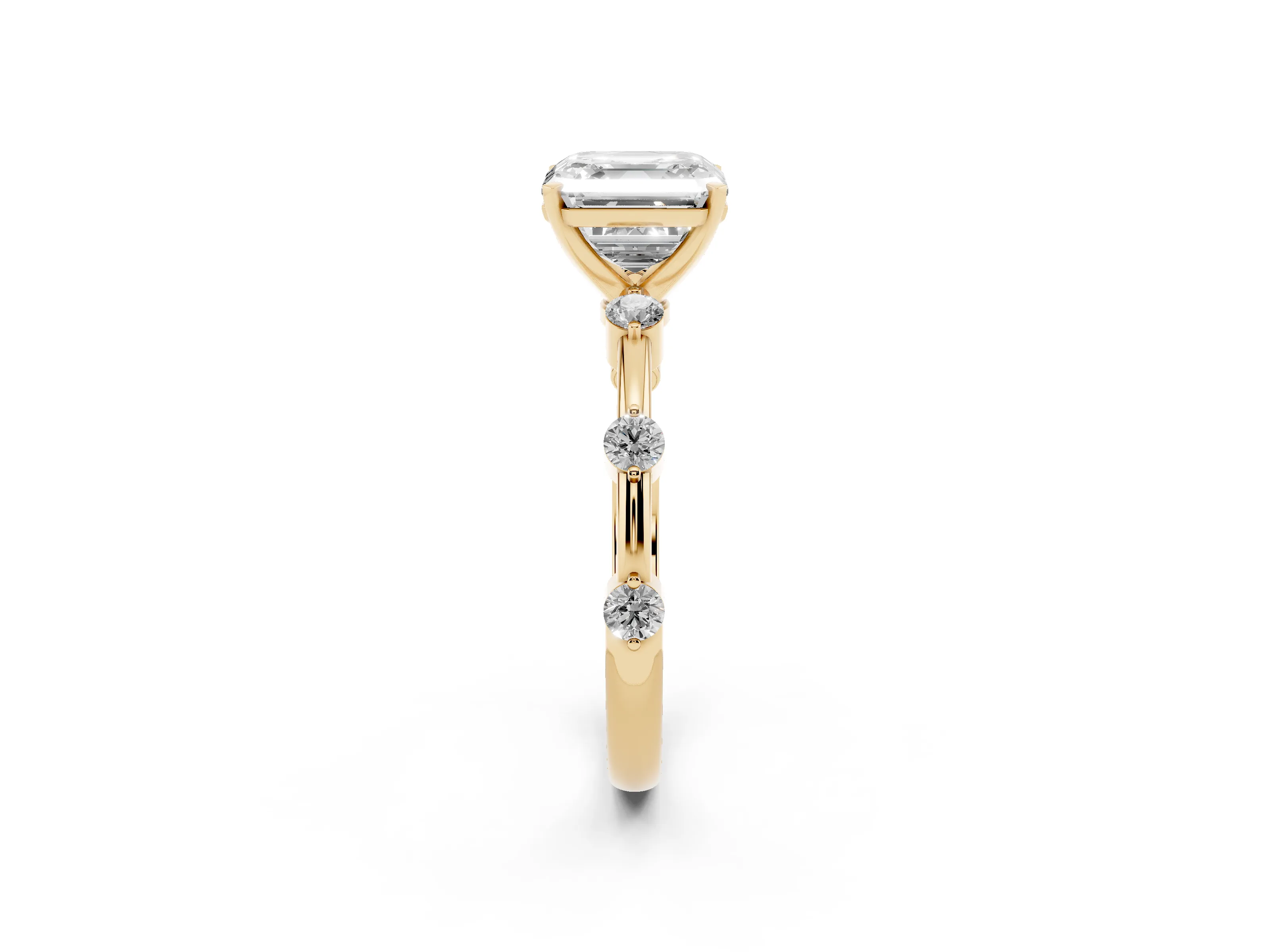 Asscher Cut Diamond Solitaire Ring Set in Yellow gold with Bezel Set Side Stones and Prong Setting