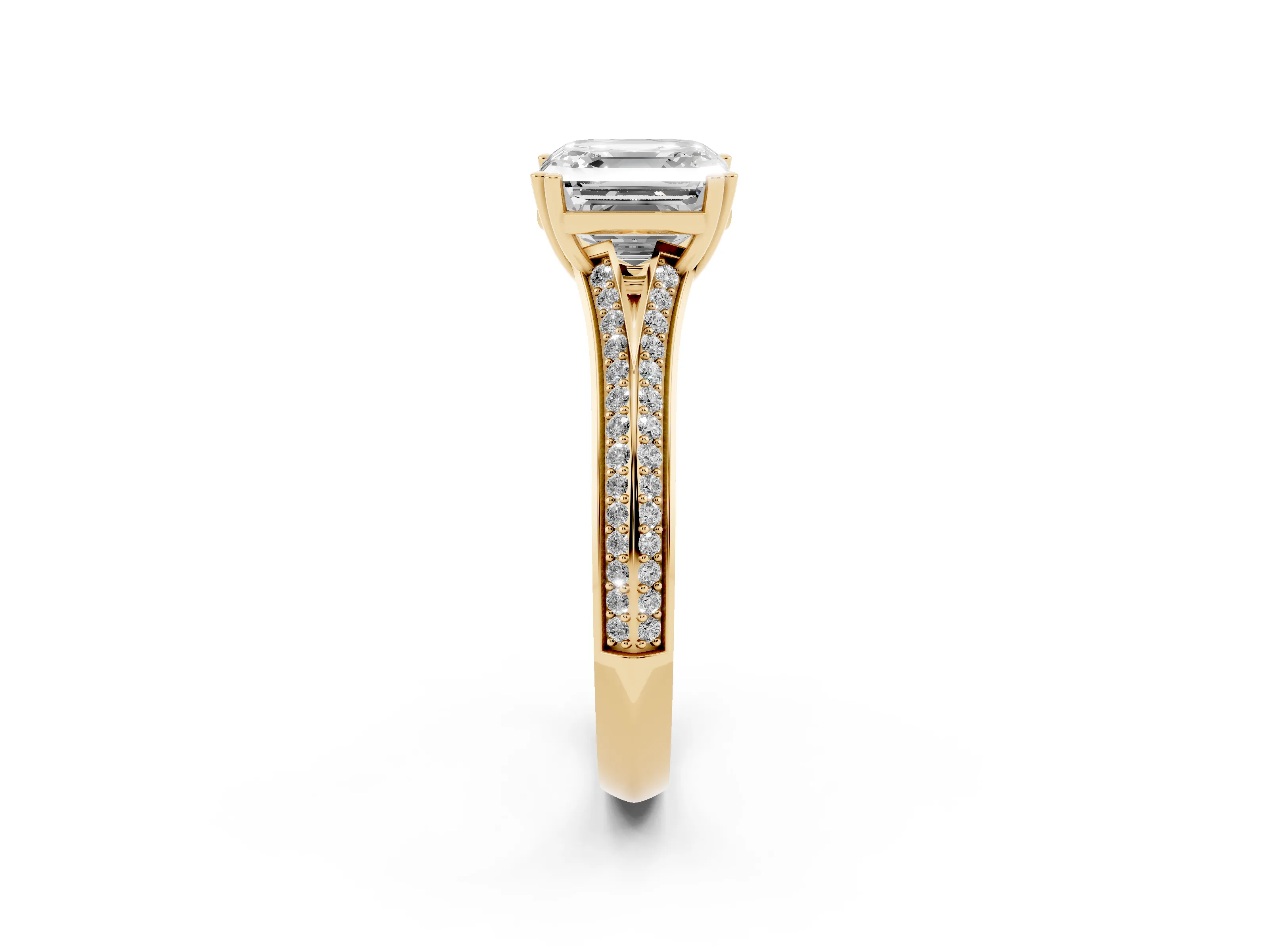 Asscher Cut Diamond Split Shank Pavé Engagement Ring Set in Yellow gold with Prong-Set Center Stone