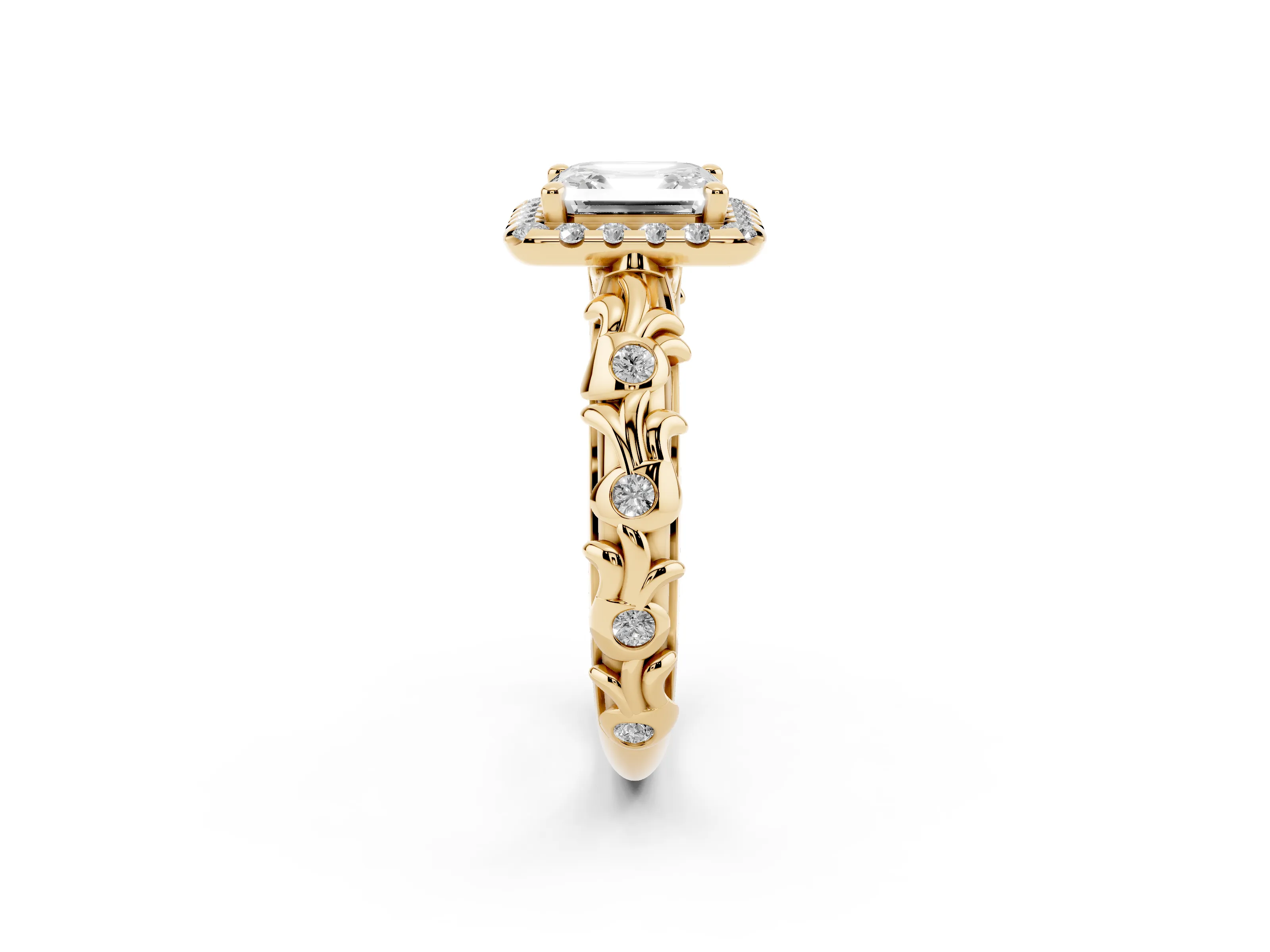 Asscher Cut Diamond Halo Ring Set in Yellow gold with Filigree Leaf Band and Prong Setting