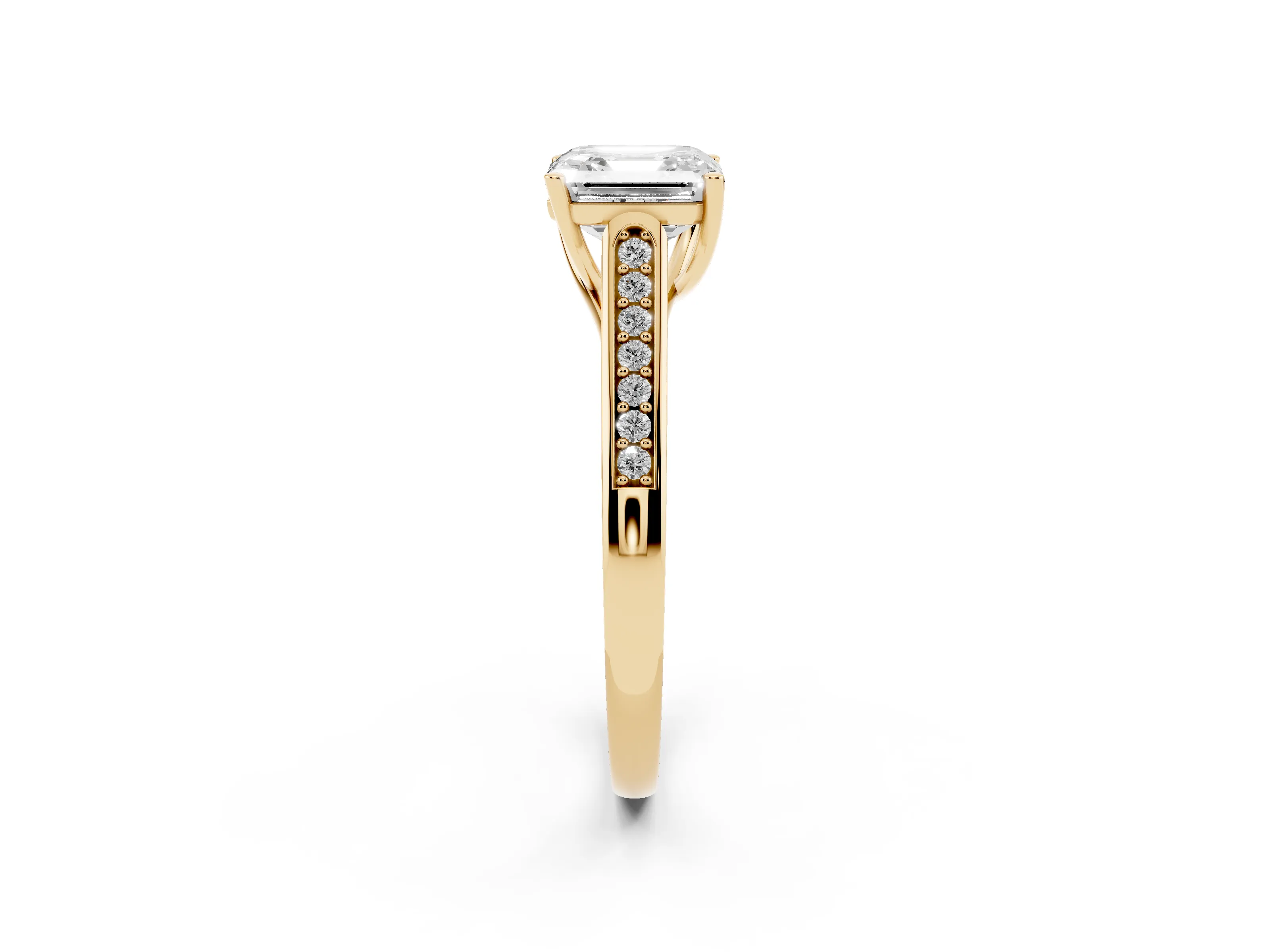 Asscher Cut Diamond Solitaire Cathedral Engagement Ring Set in Yellow gold with Channel-Set Band and Prong Setting