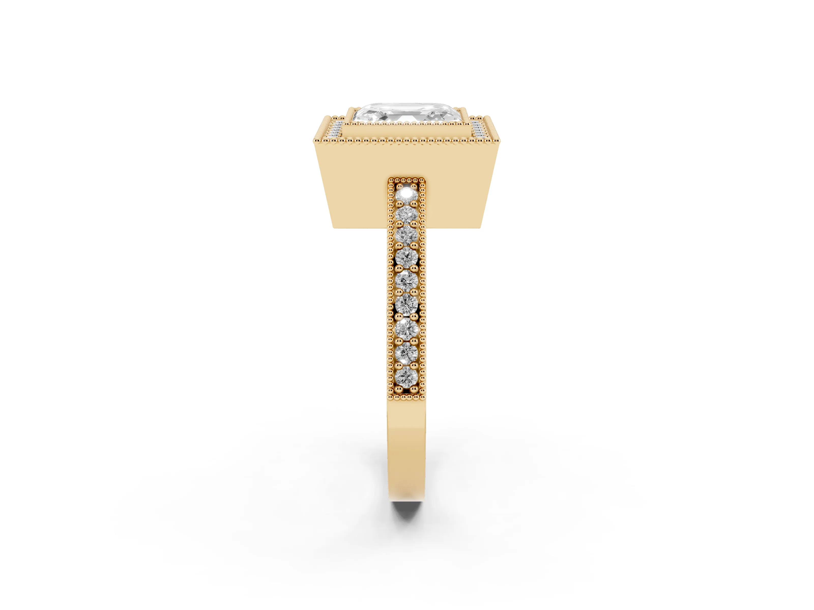 Asscher Cut Diamond Halo Engagement Ring Set in Yellow gold with Pavé Band and Round Halo Stones