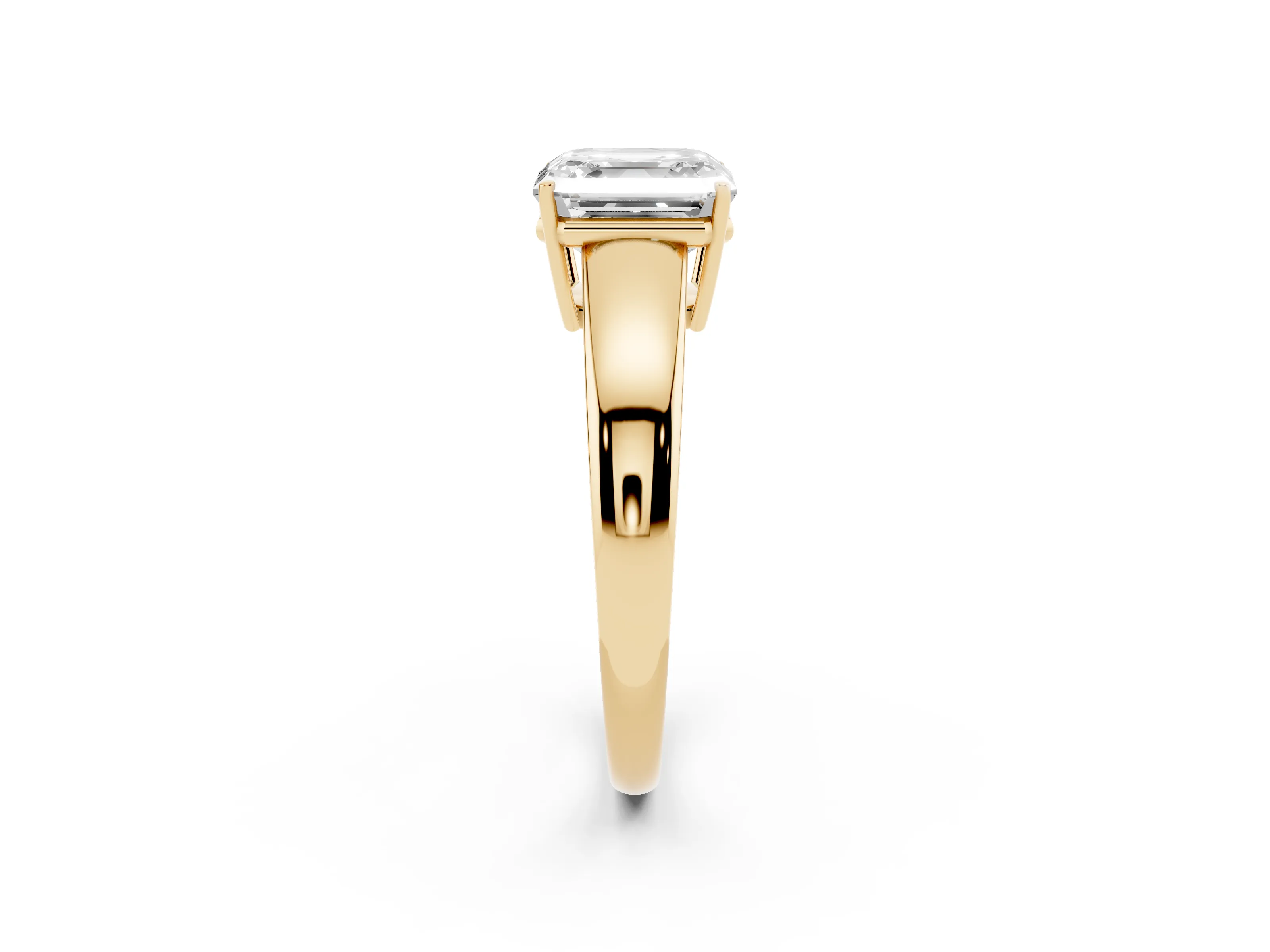 Asscher Cut Diamond Solitaire Ring Set in Yellow gold with Tapered Band and Prong Setting