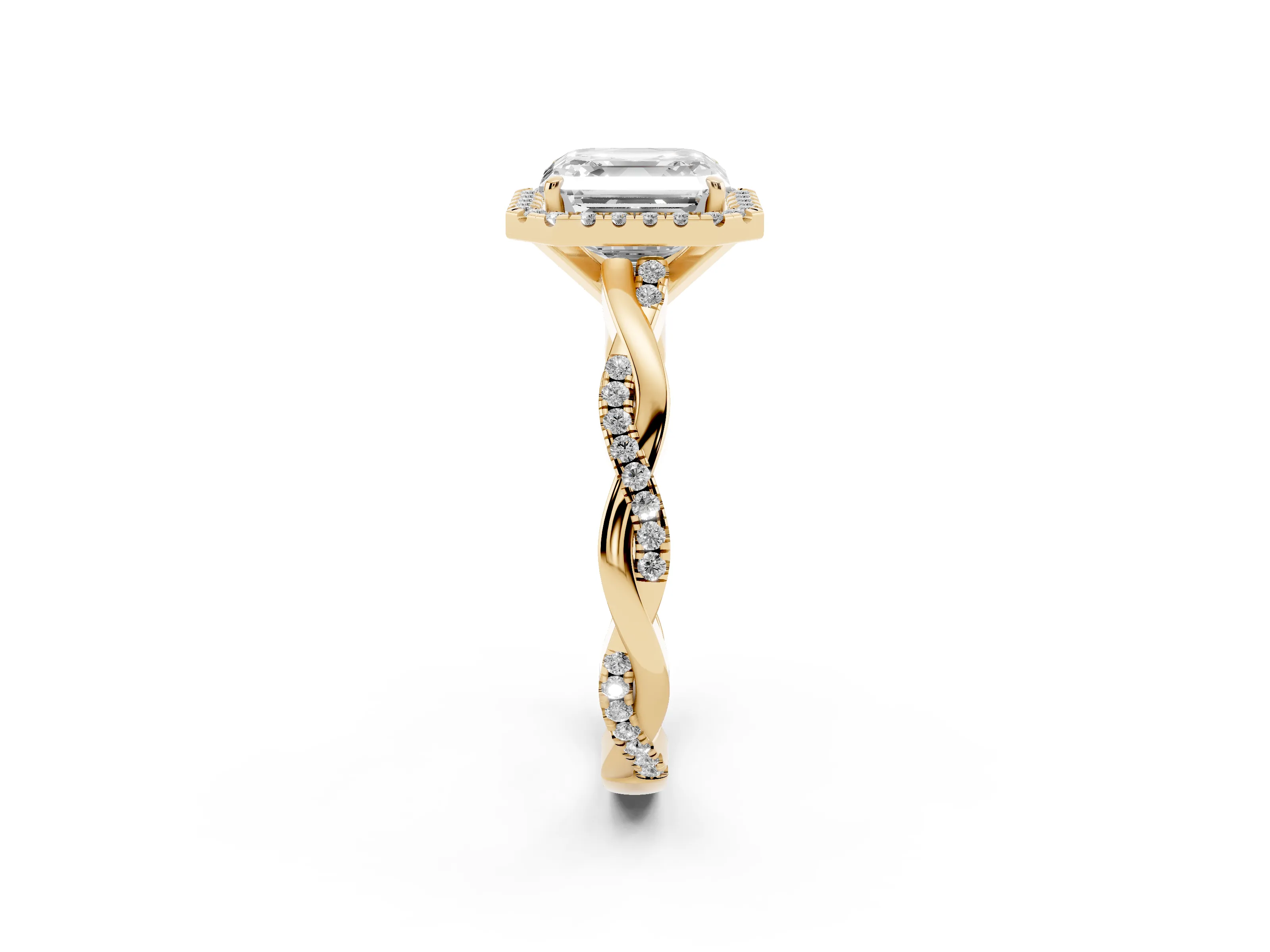 Asscher Cut Diamond Halo Twisted Band Ring Set in Yellow gold with Prong Setting