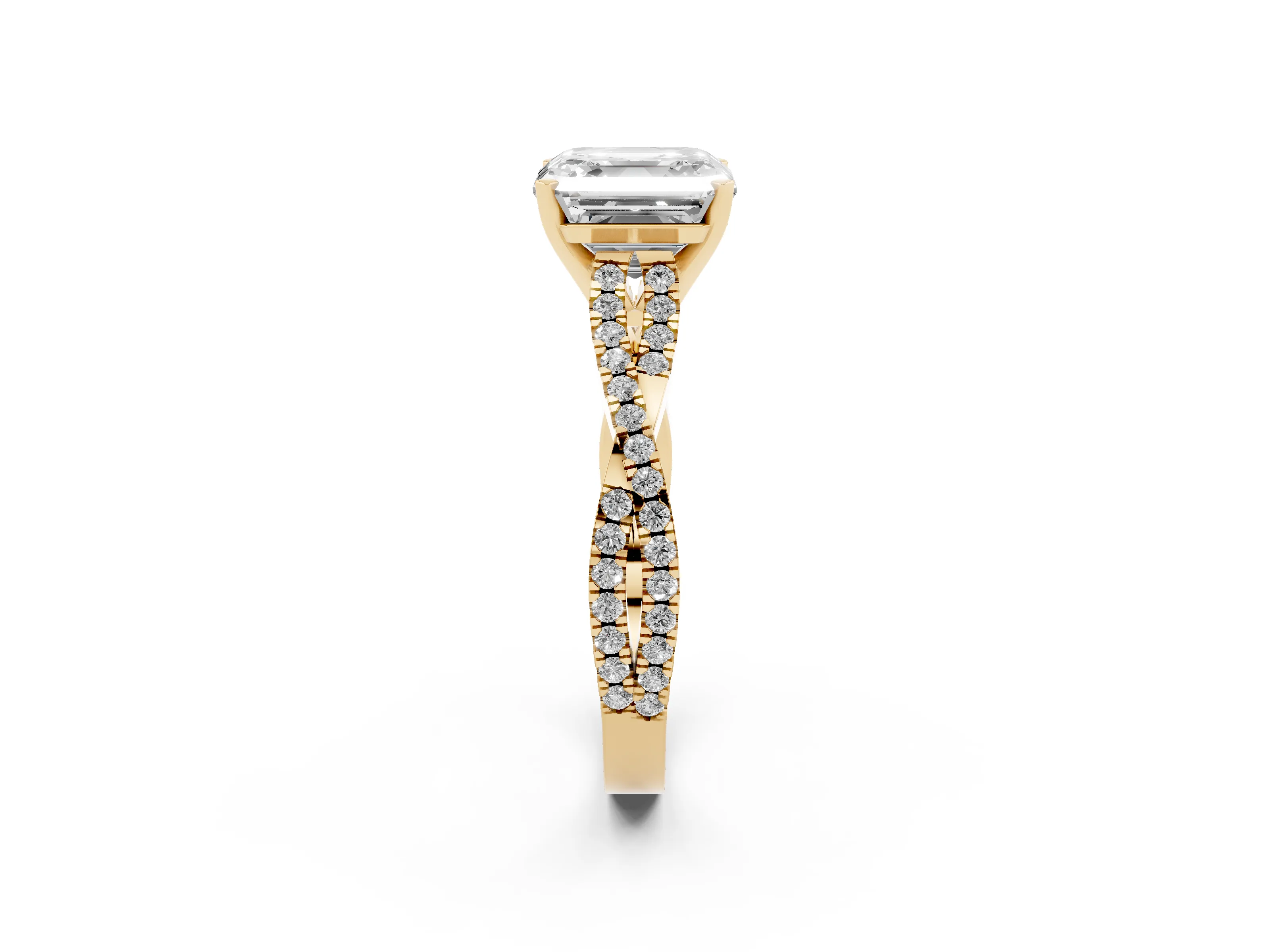 Asscher Cut Diamond Solitaire Engagement Ring Set in Yellow gold with Twisted Pavé Band and Prong Setting