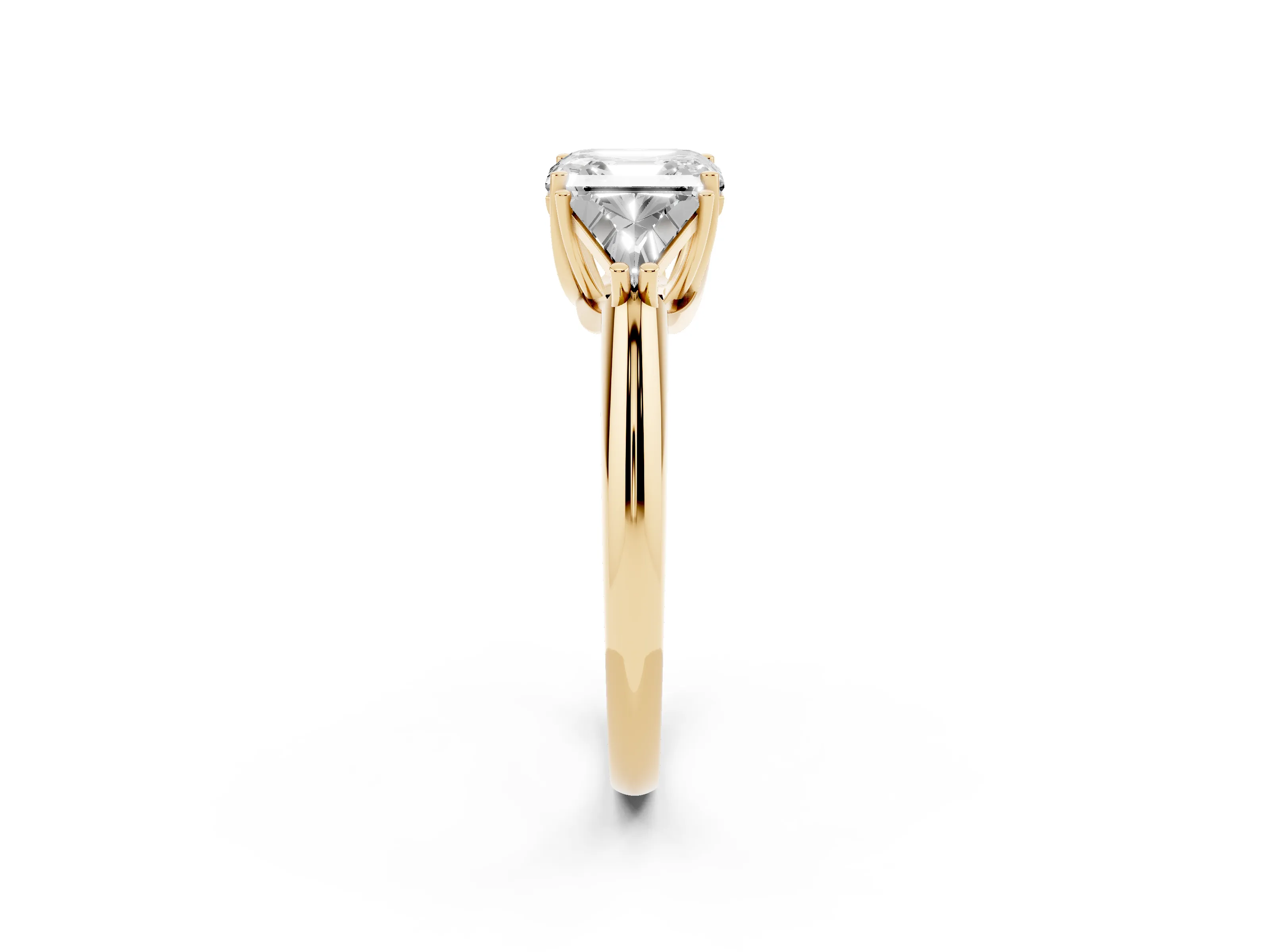 Asscher Cut Diamond Three-Stone Engagement Ring Set in Yellow gold with Trillion Side Stones