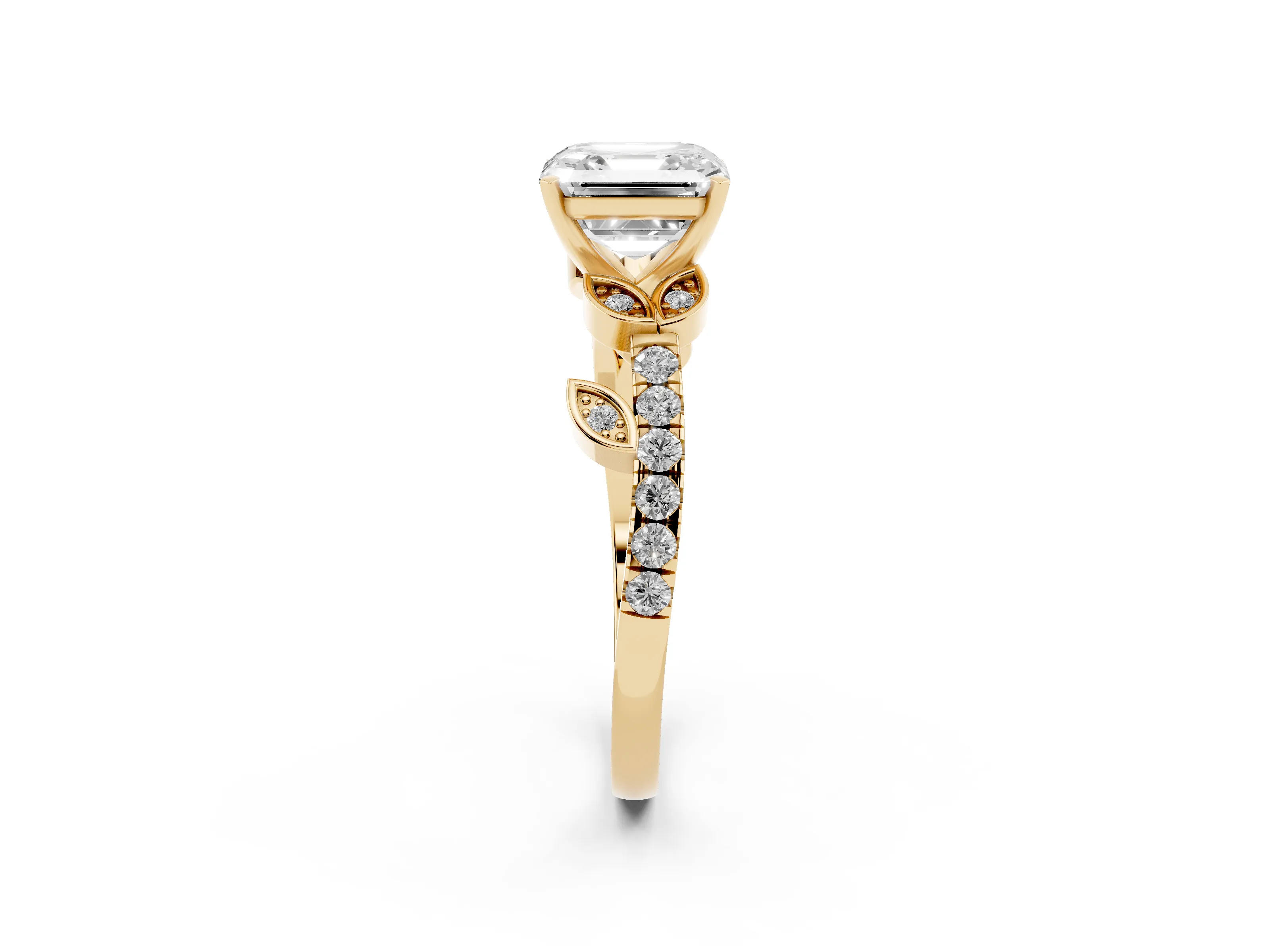 Asscher Cut Diamond Solitaire Leaf-Inspired Ring Set in Yellow gold with Pavé Band and Prong Setting