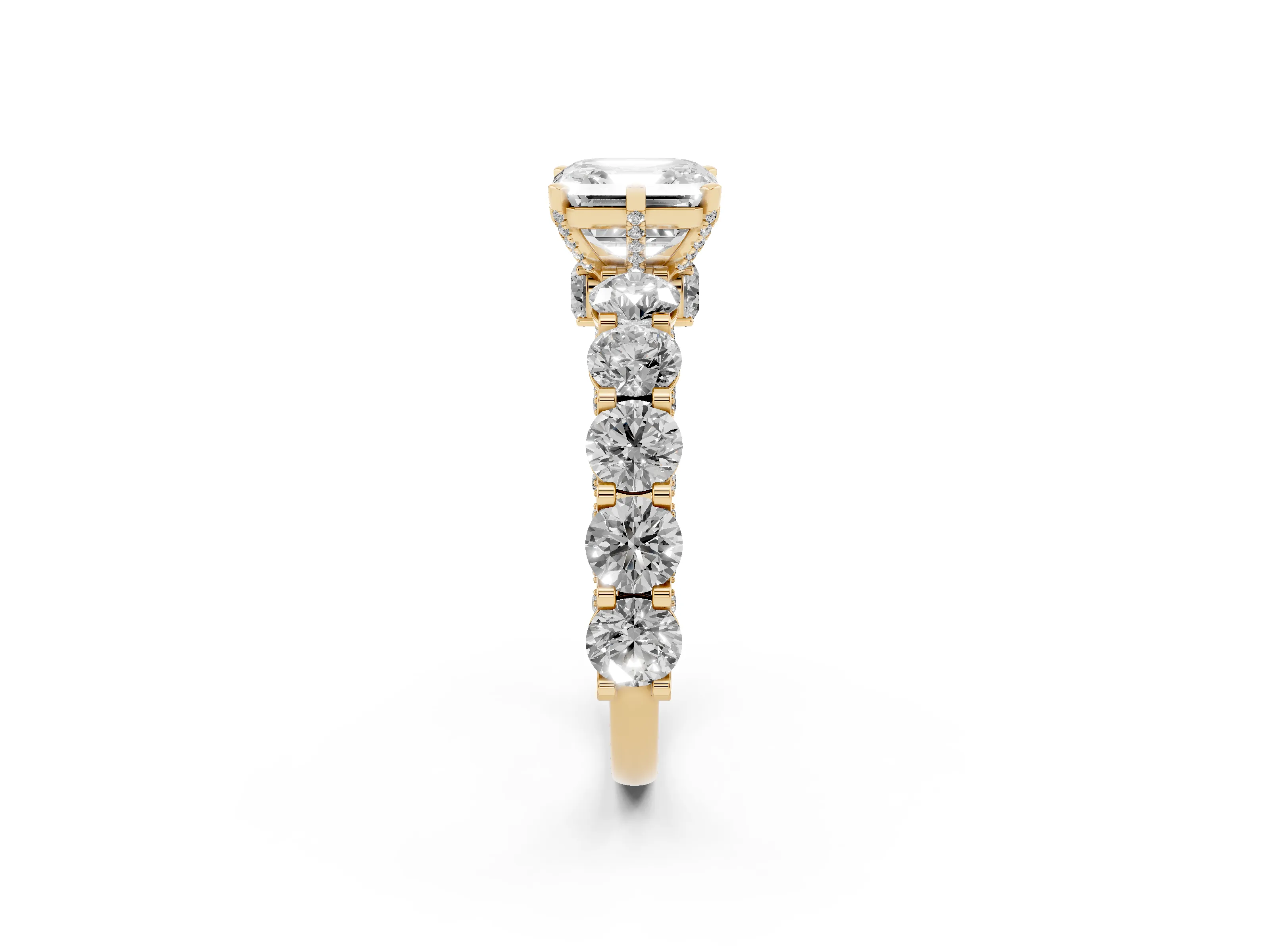 Asscher Cut Diamond Side Stone Ring Set in Yellow gold with Alternating Round and Oval Side Stones