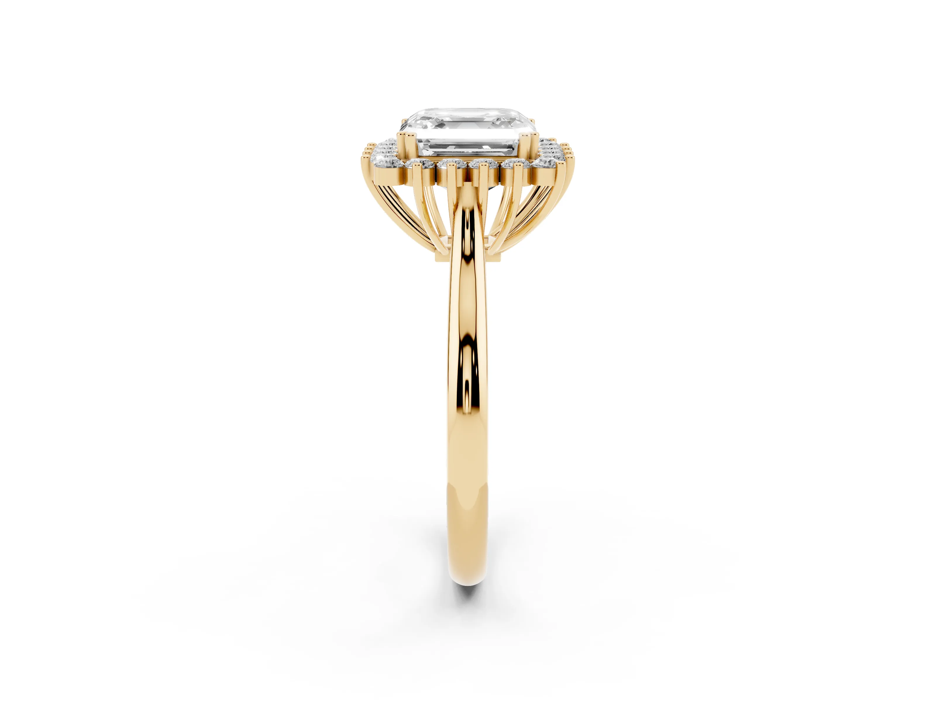 Asscher Cut Diamond Halo Ring Set in Yellow gold with Plain Solitaire Band and Prong Setting