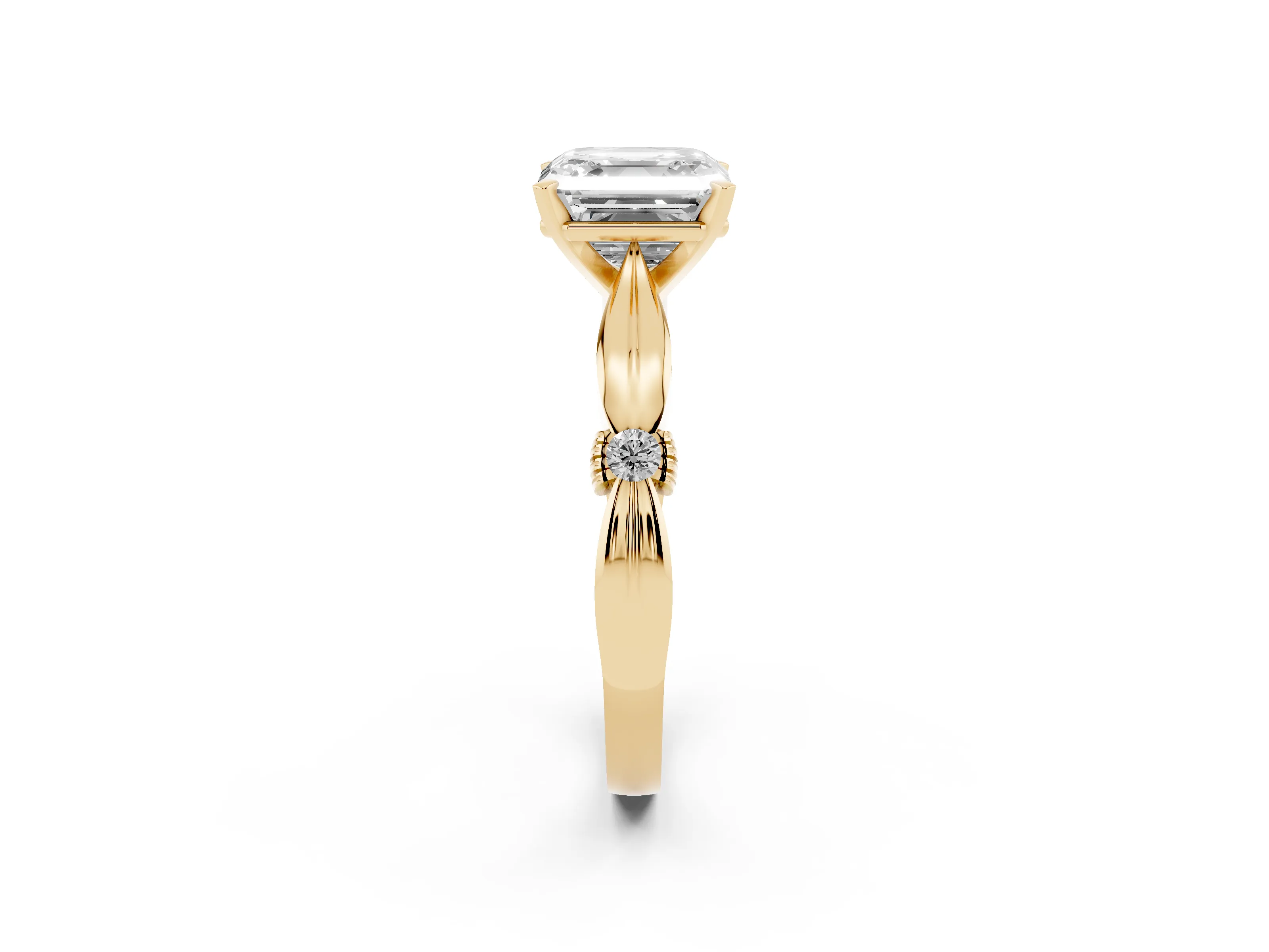 Asscher Cut Diamond Solitaire Twisted Band Ring Set in Yellow gold with Accent Stones and Prong Setting