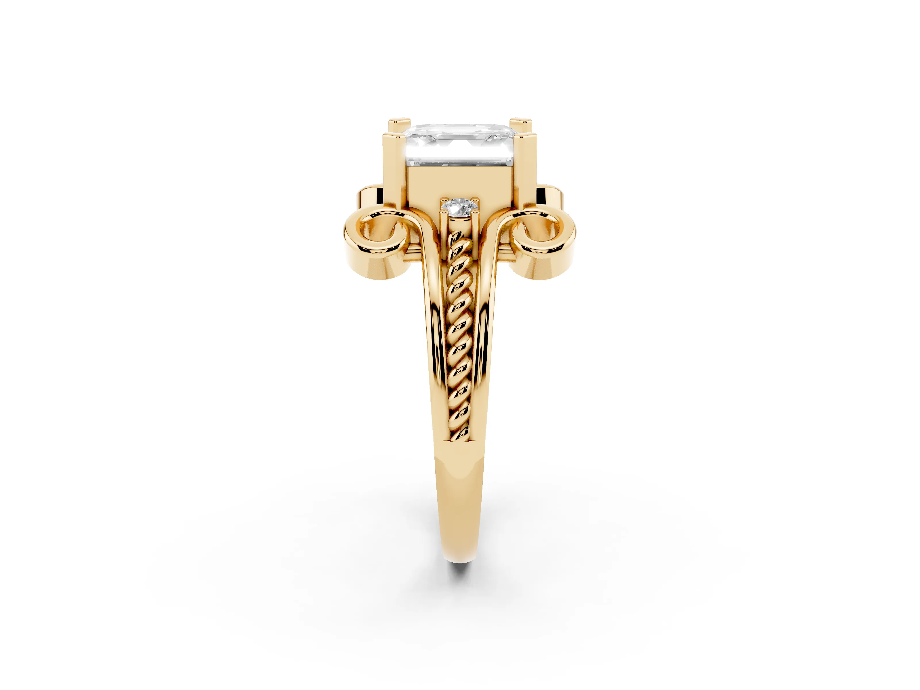Asscher Cut Diamond Twisted Band Solitaire Ring Set in Yellow gold with Scroll Prongs