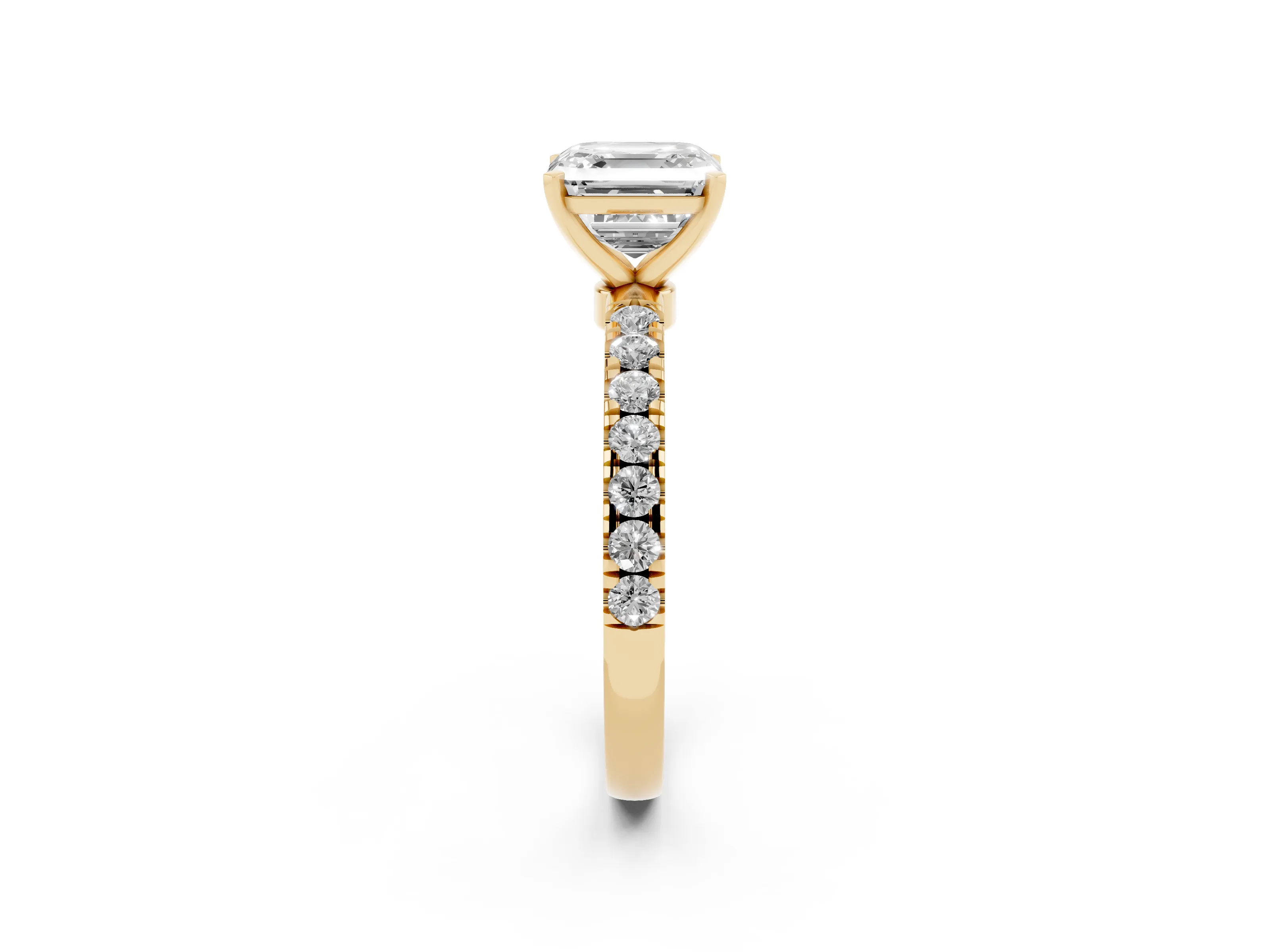 Asscher Cut Diamond Solitaire Ring Set in Yellow gold with Pavé Accents and Prong Setting