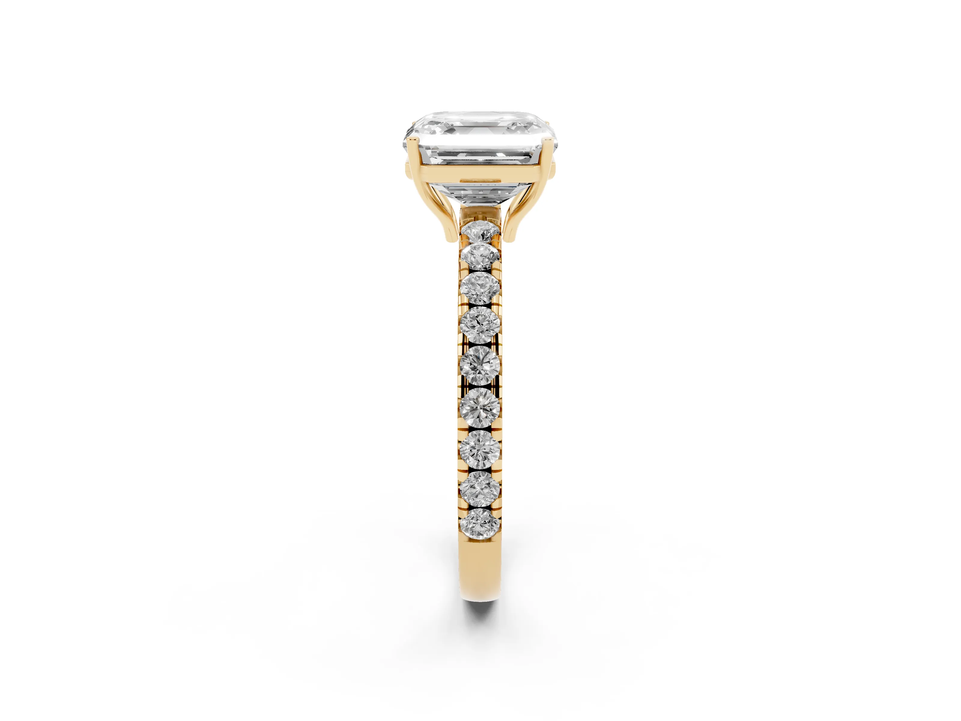 Asscher Cut Diamond Pavé Solitaire Engagement Ring Set in Yellow gold with Prong Setting