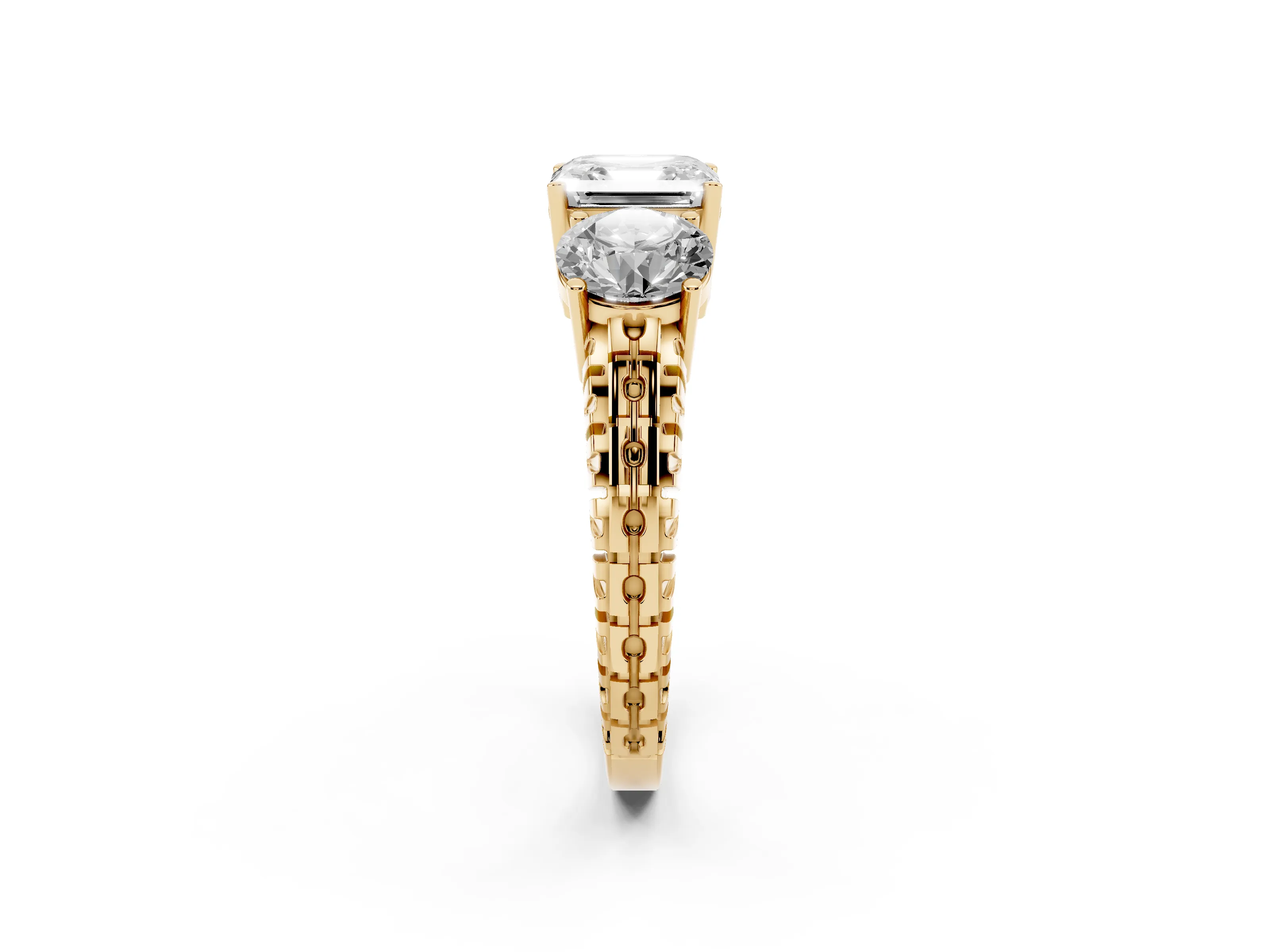Asscher Cut Diamond Three-Stone Ring Set in Yellow gold with Channel-Set Accent Band