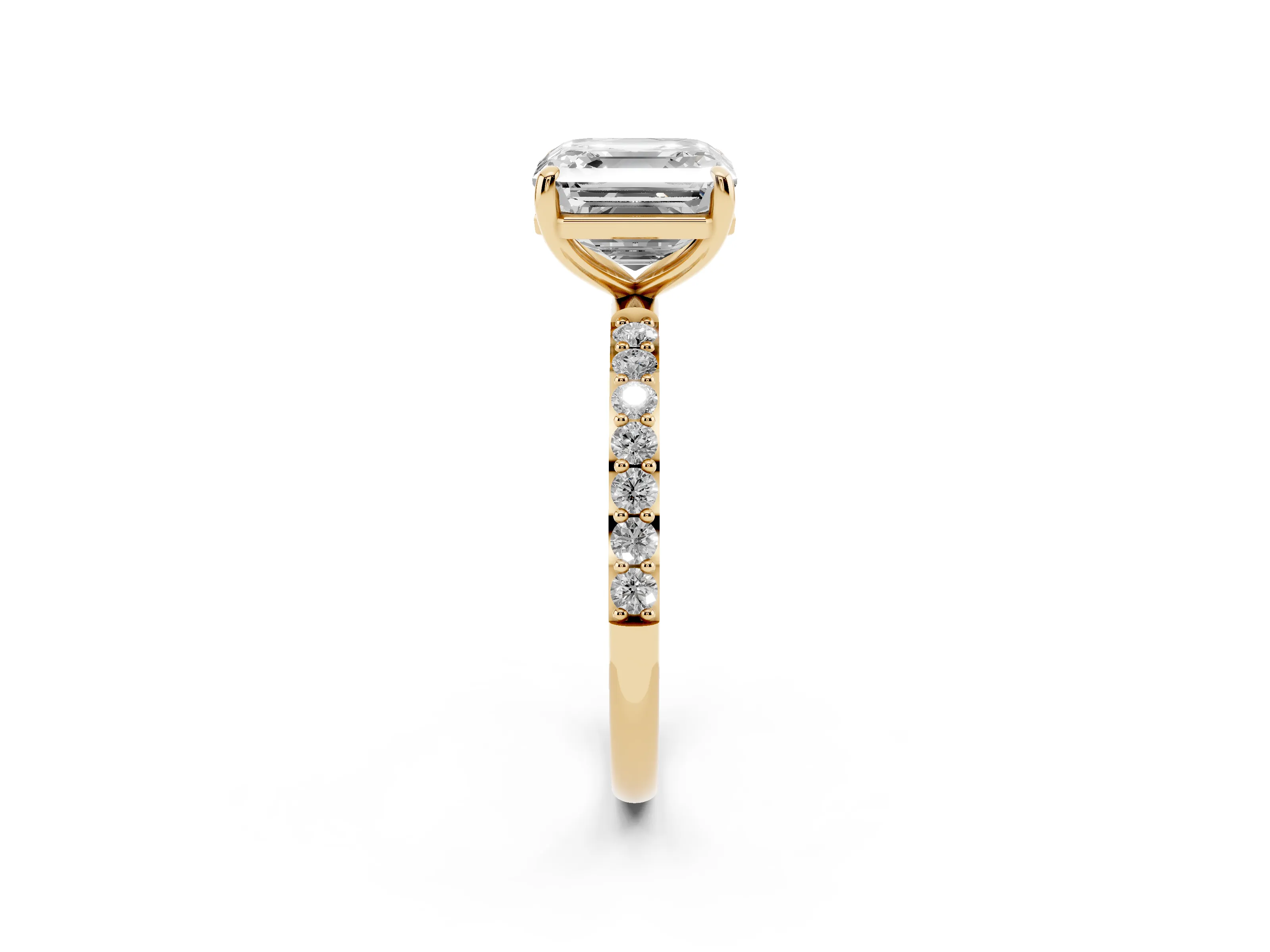 Asscher Cut Diamond Solitaire Ring Set in Yellow gold with Round Pavé Band and Prong Setting