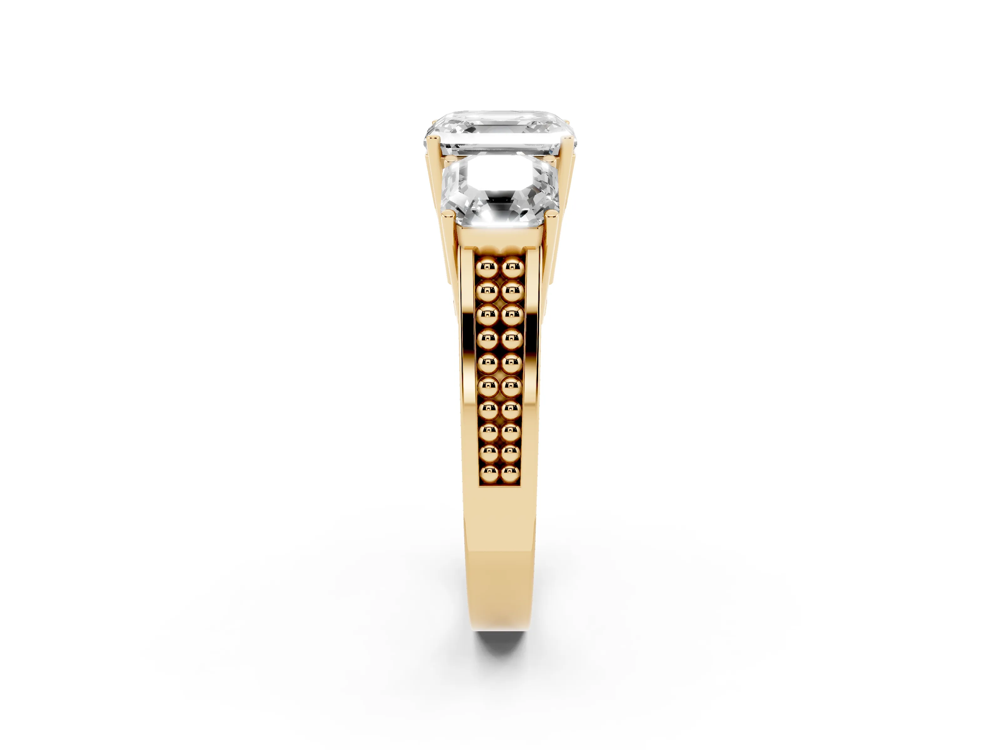 Asscher Cut Diamond Three-Stone Ring Set in Yellow gold with Textured Band
