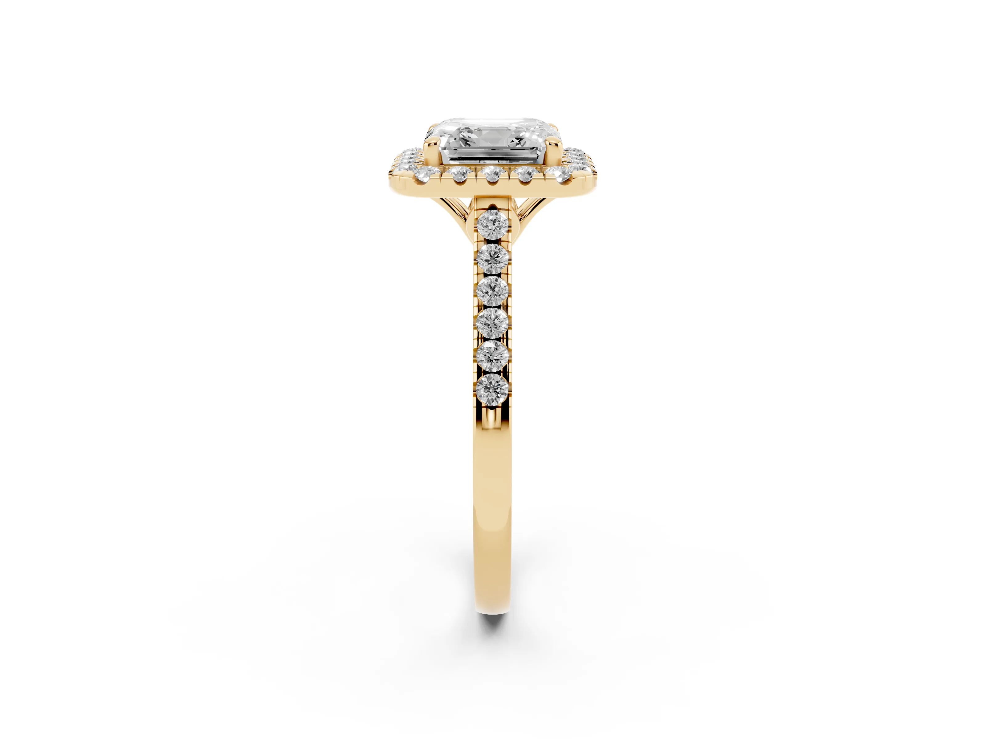 Asscher Cut Diamond Pavé Halo Engagement Ring Set in Yellow gold with Pavé Band and Prong Setting
