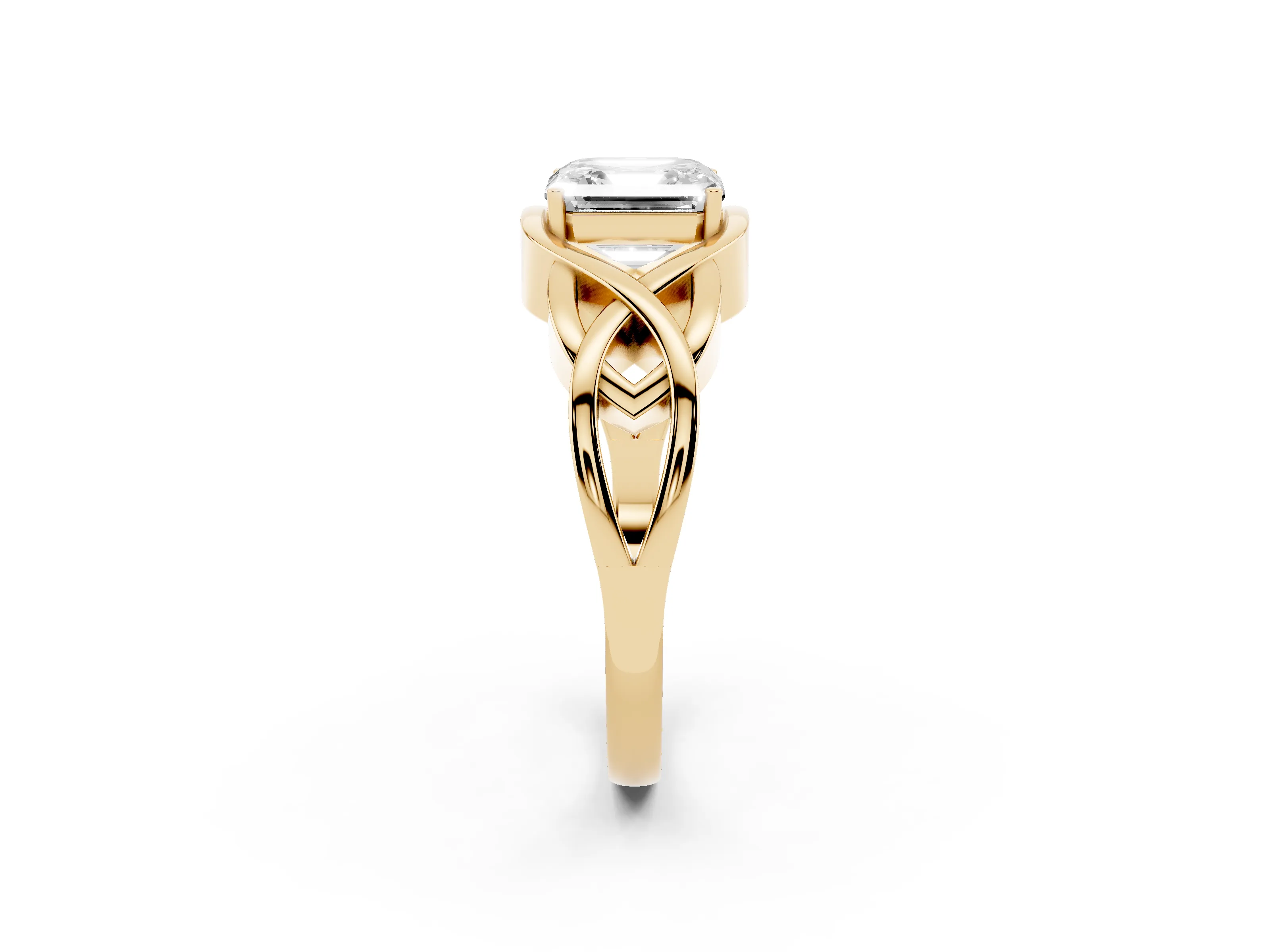 Asscher Cut Diamond Solitaire Ring Set in Yellow gold with Intertwined Band