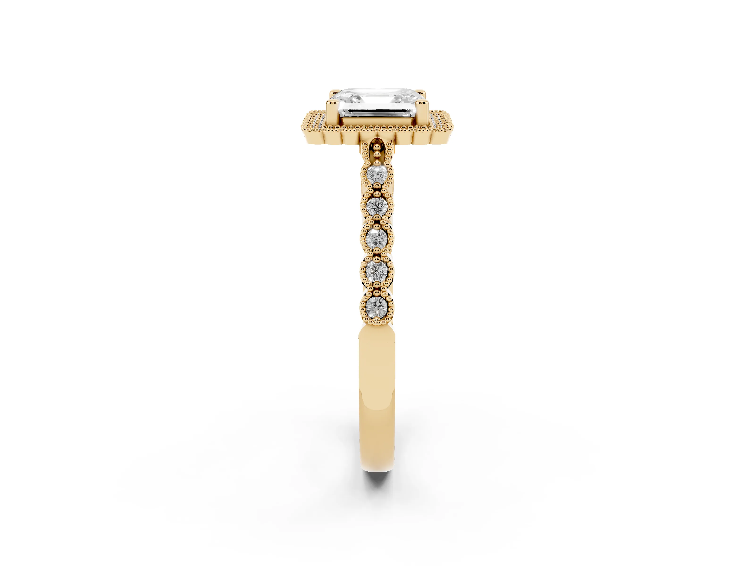 Asscher Cut Diamond Halo Ring Set in Yellow gold with Pavé Milgrain Band