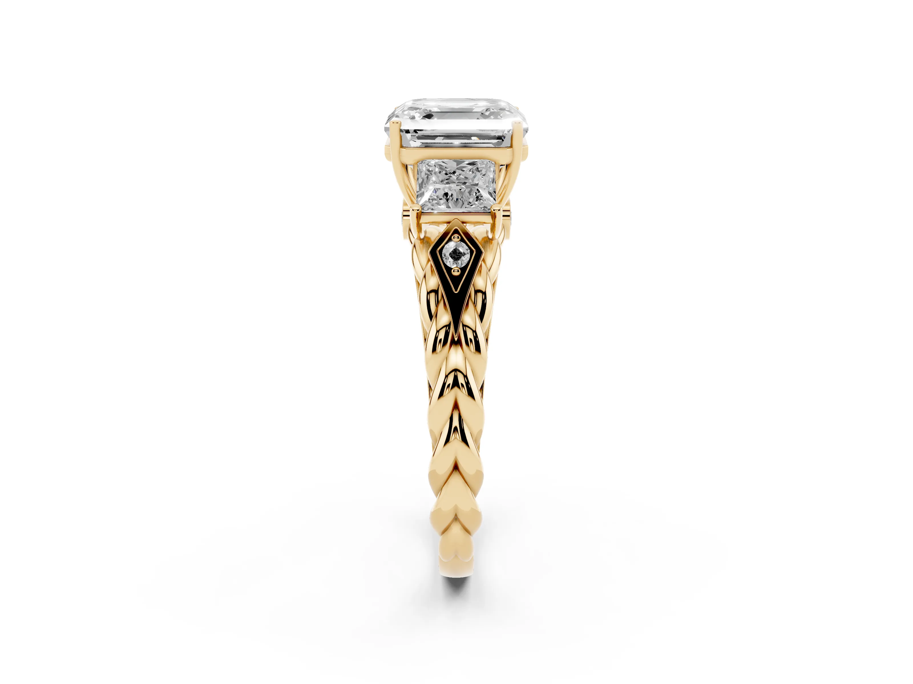 Asscher Cut Diamond Three-Stone Ring Set in Yellow gold with Braided Band