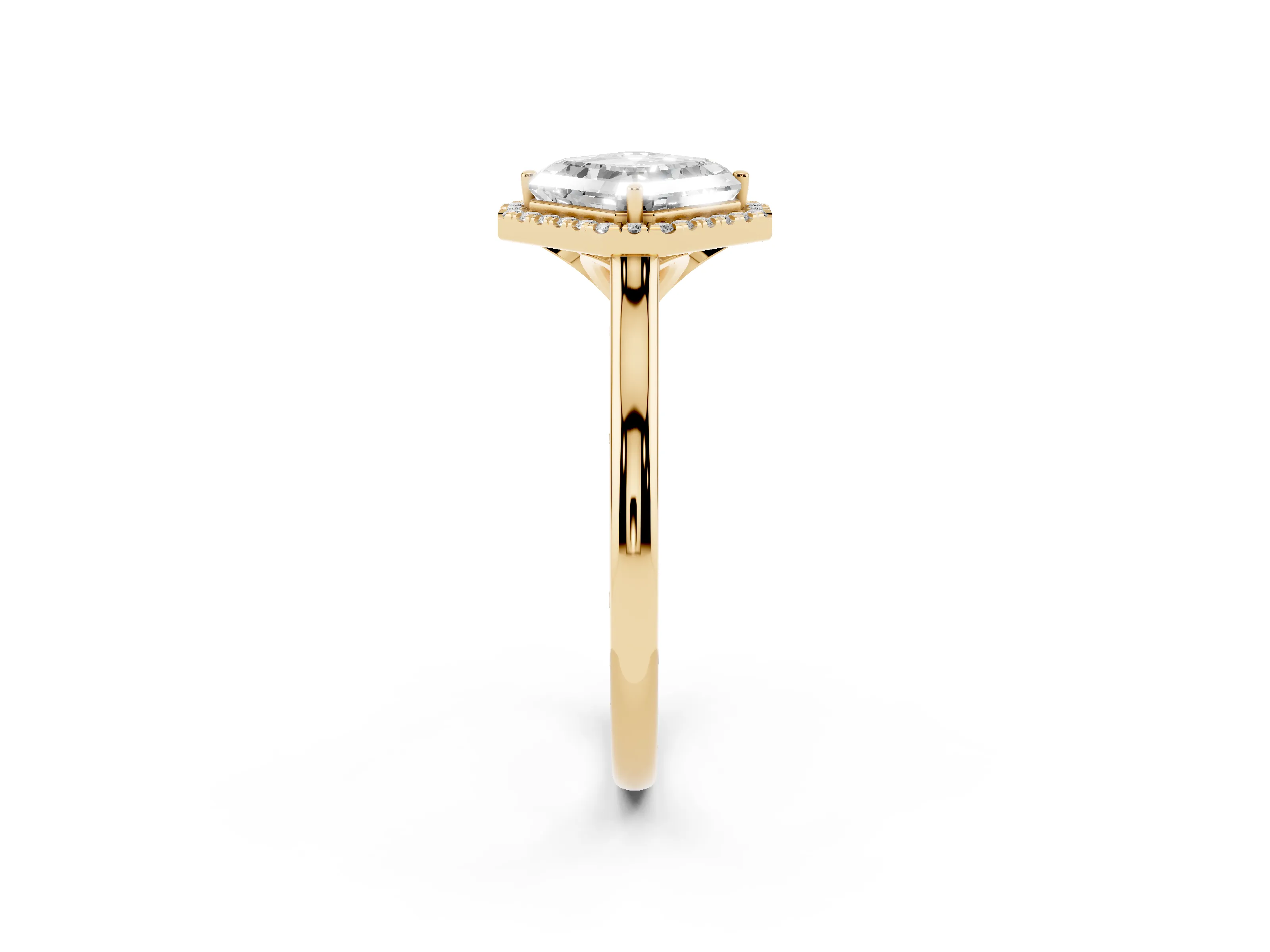 Asscher Cut Diamond Halo Engagement Ring Set in Yellow gold with Pavé Band and Rising Shoulders
