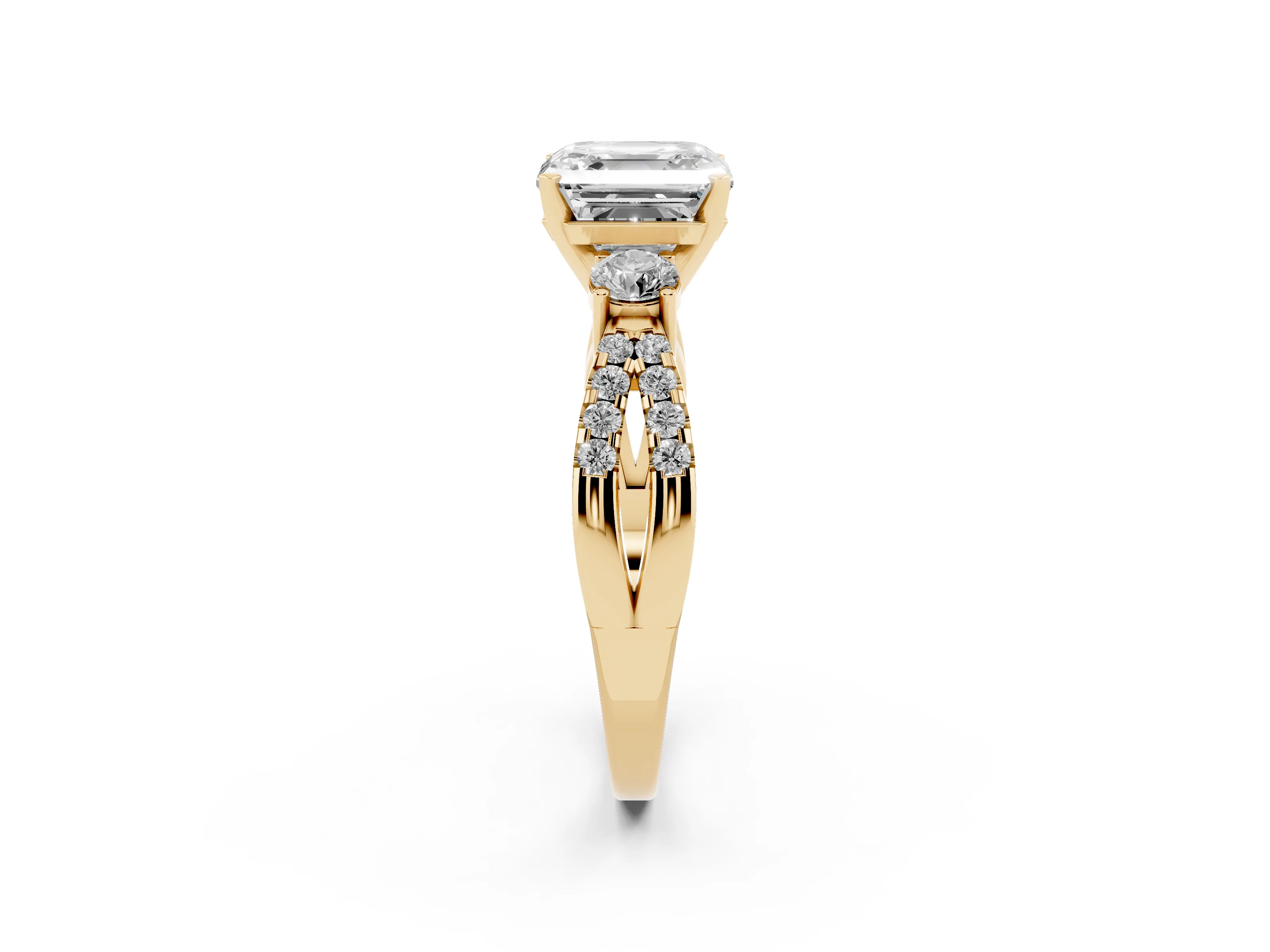 Asscher Cut Diamond Three-Stone Ring Set in Yellow gold with Pavé Split Shank and Prong Setting