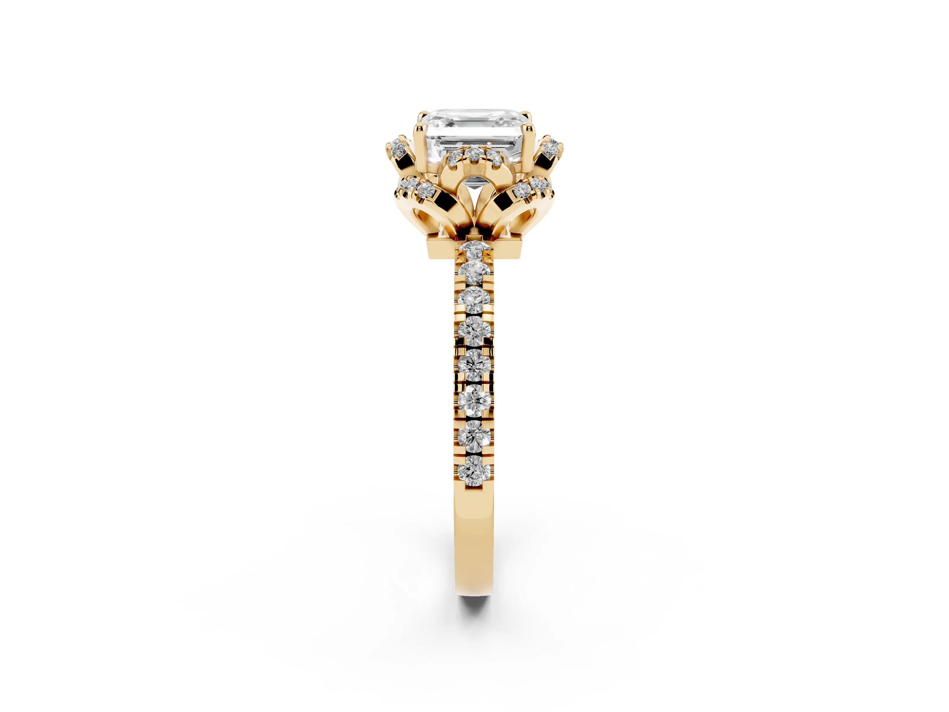 Asscher Cut Diamond Halo Pavé Band Ring Set in Yellow gold with Prong-Held Center