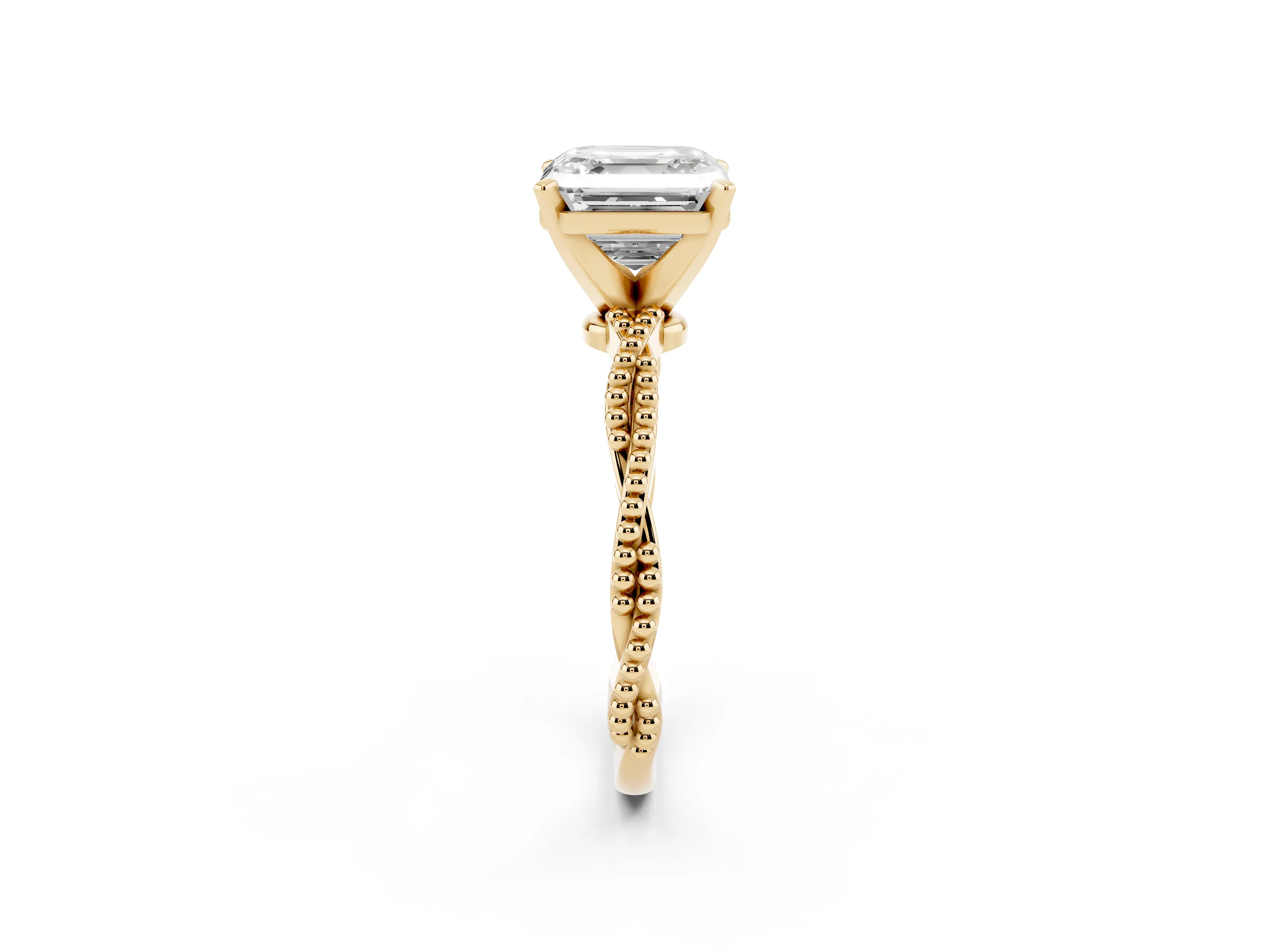 Asscher Cut Diamond Solitaire Ring Set in Yellow gold with Twisted Band and Bead Prong Setting